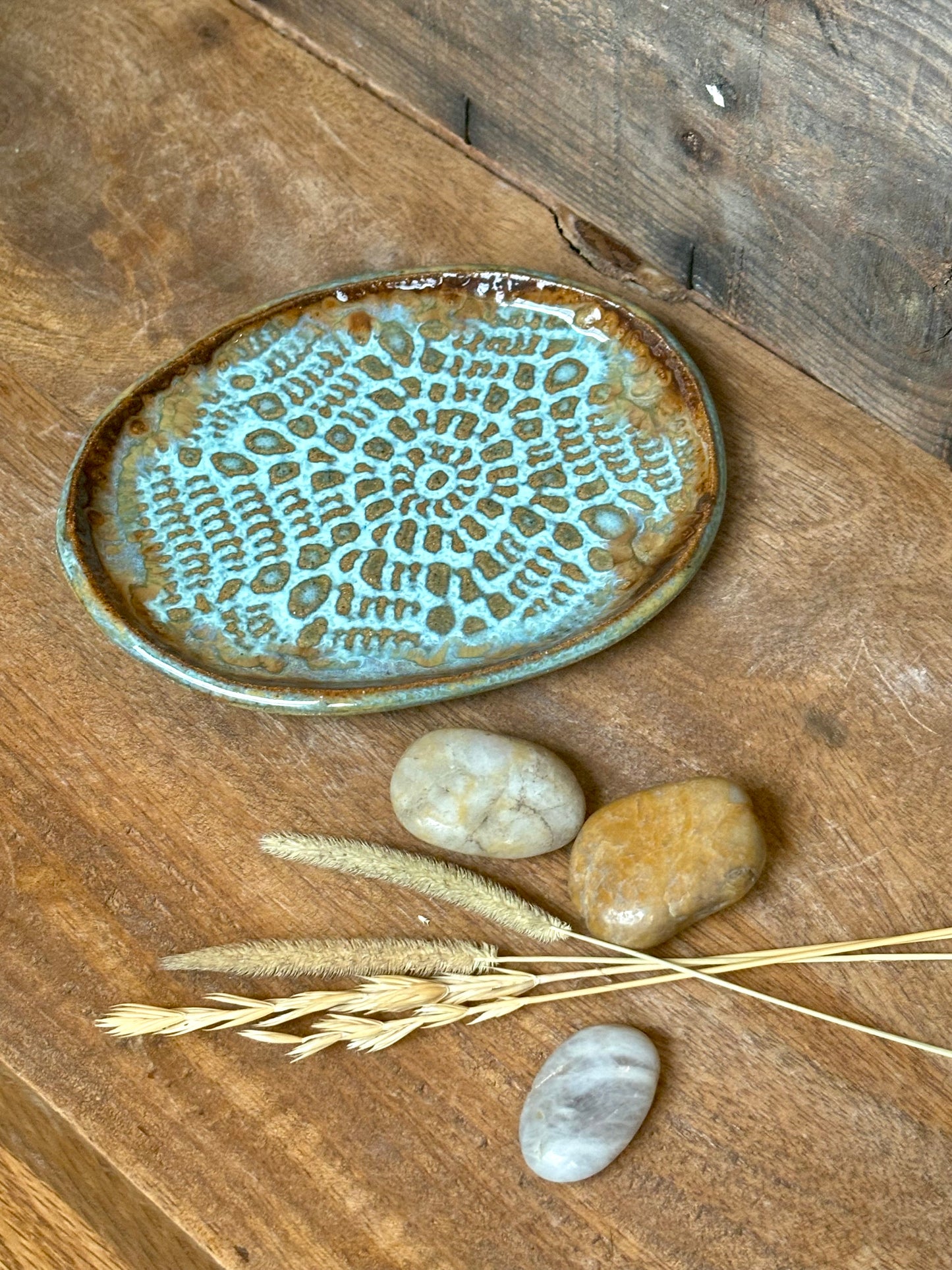 Rustic Antique Doily Soap Holder in Turquoise and Brown