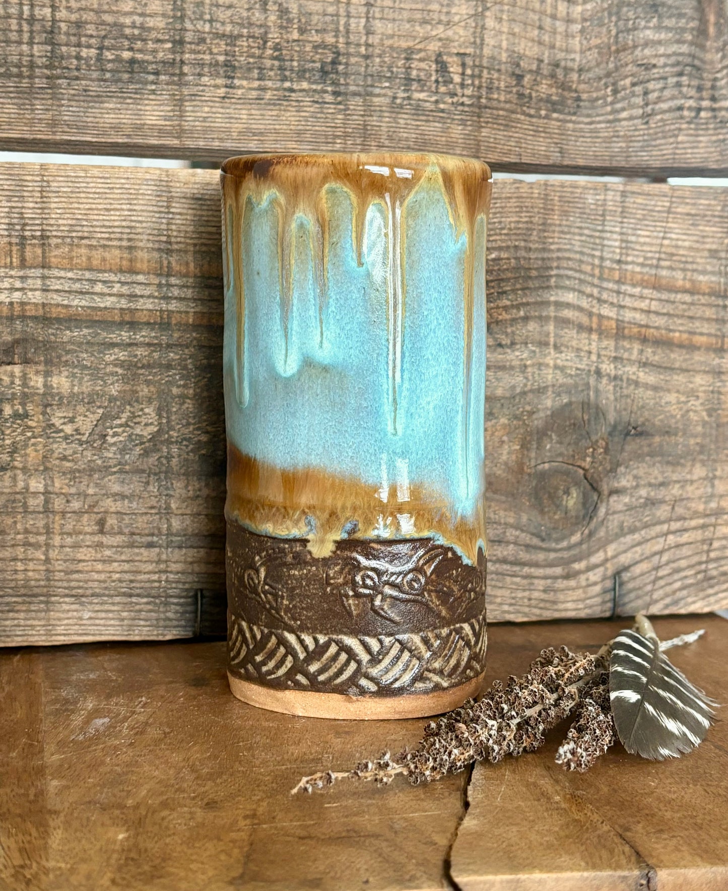 Wild Mustang Tall Boy Tumbler ~ 14 oz~ Turquoise & Brown Glaze