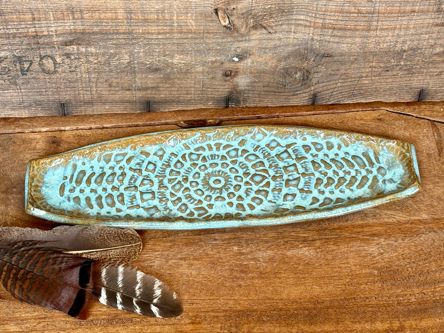 Rustic Antique Doily Serving Platter ~ Turquoise and Brown ~ Appetizers & Cheese