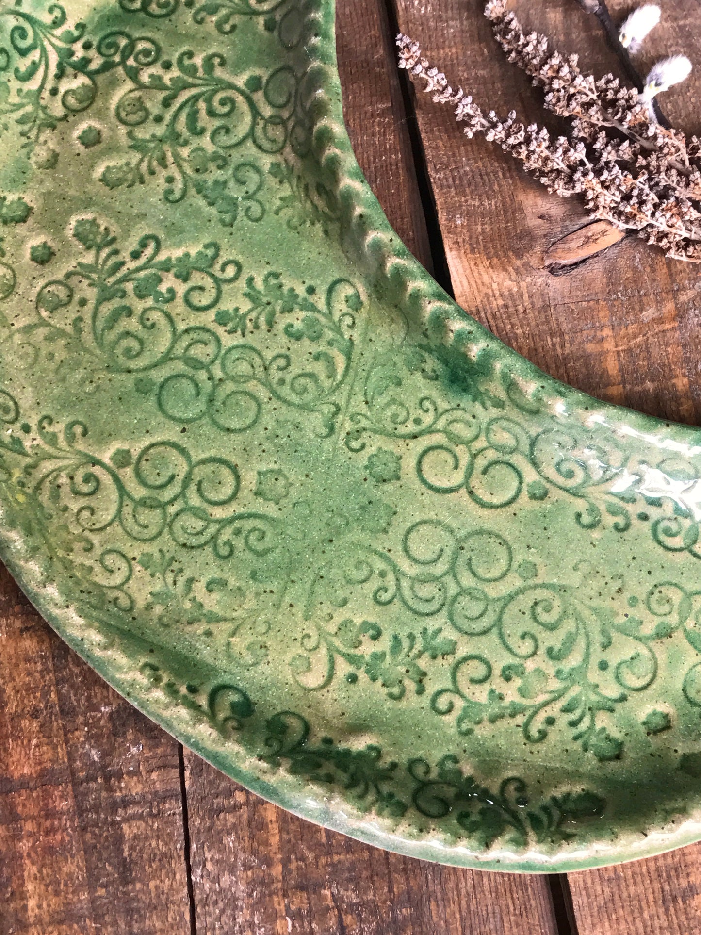 Rustic Quarter Moon Serving Platter ~ Spring Green ~ Appetizers & Cheese
