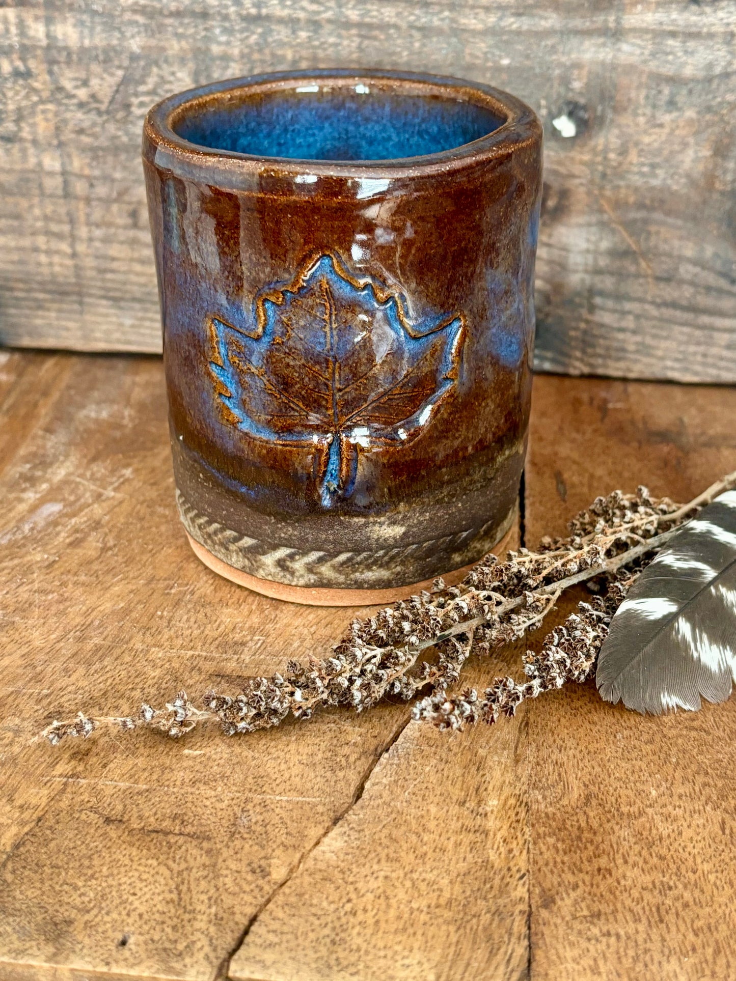 Rustic Vermont Strong Shortie Tumbler ~ 8 oz~ Midnight Blue & Brown Glaze