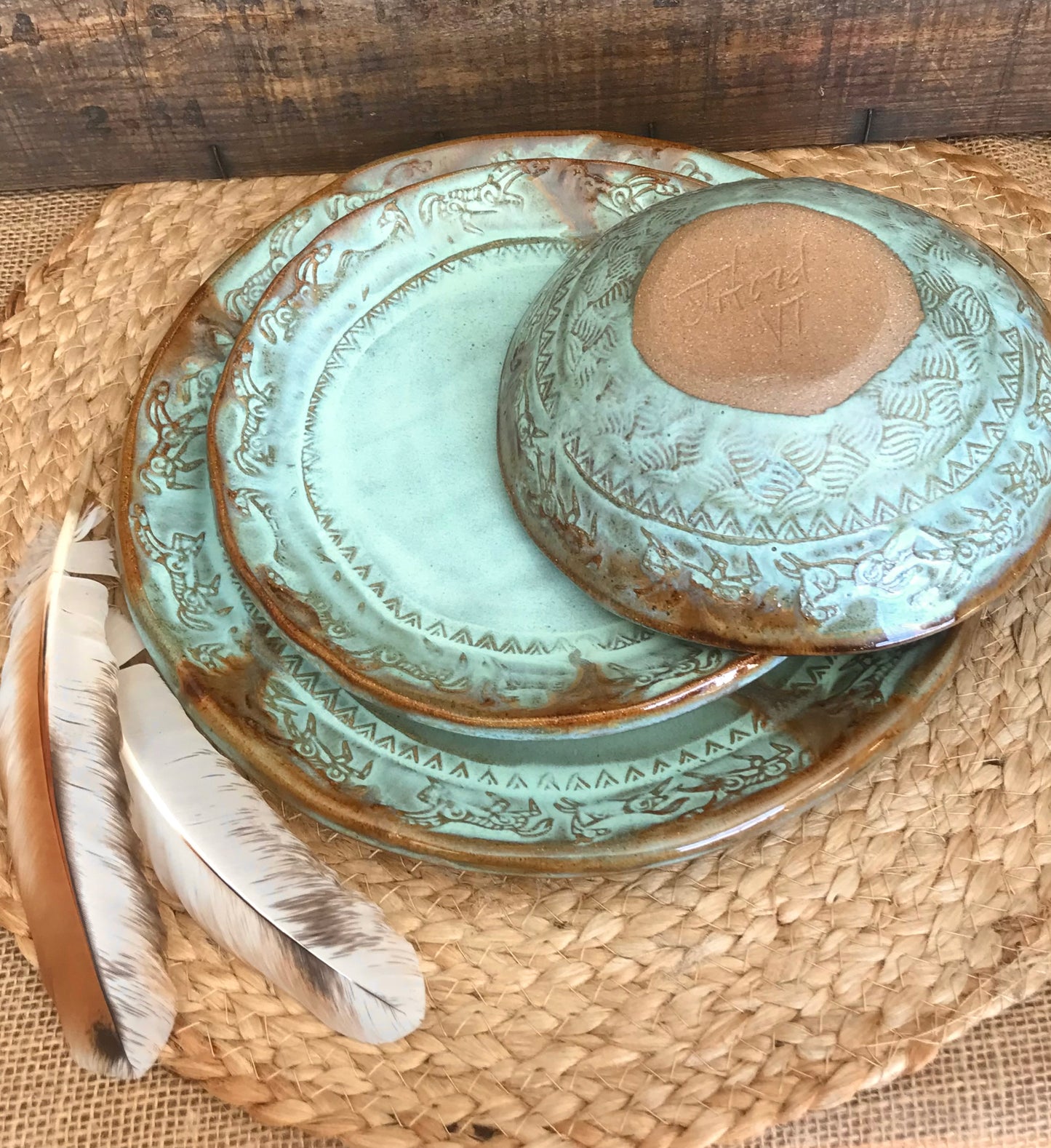 Rustic Wild Mustang Dinnerware Set ~ Turquoise & Brown Drips