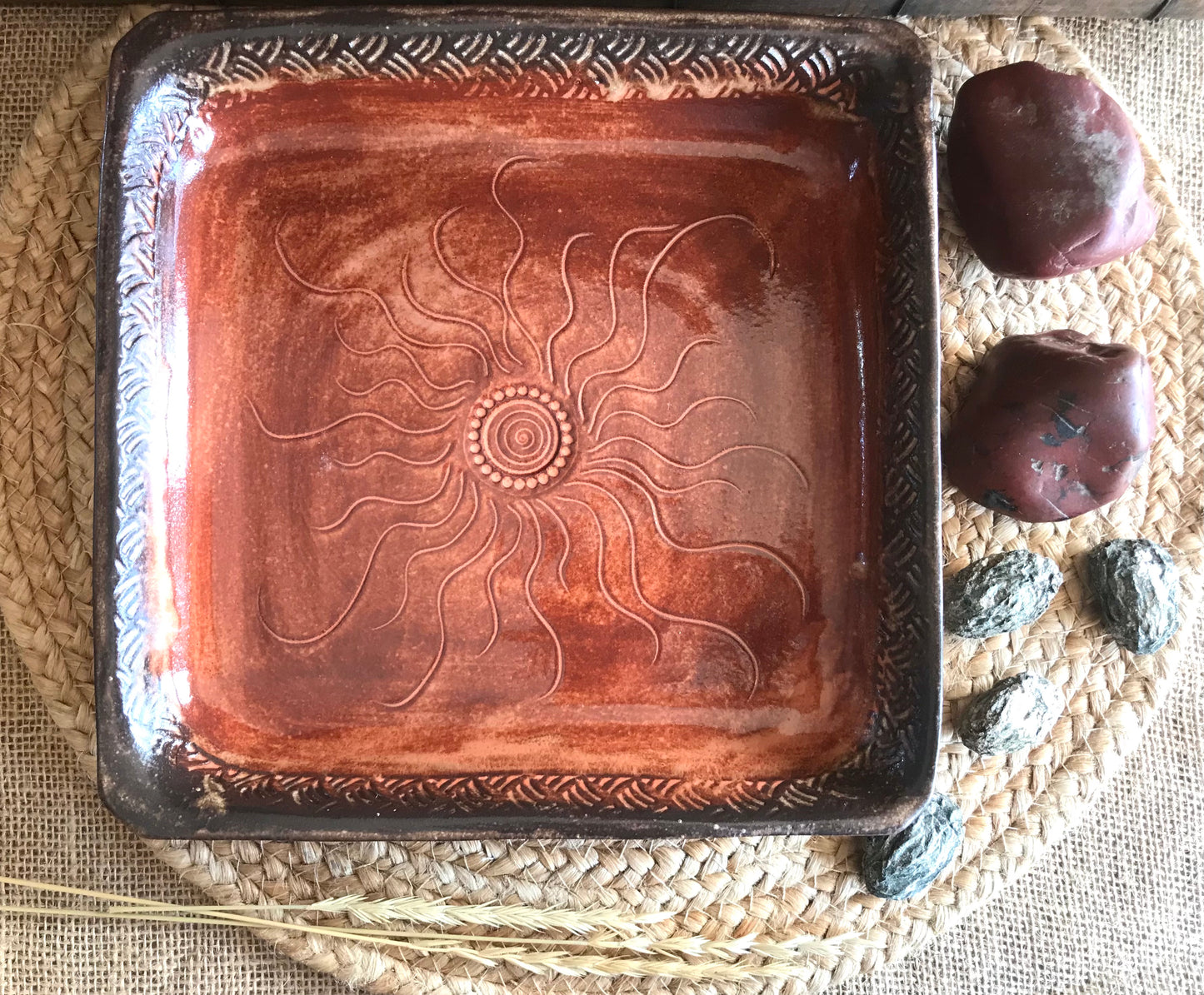 Rustic Square Sun & Basketweave Meat Tray/ Serving Tray ~ 9.5” Square ~ 1.25” Depth~ Sedona Red & Brown