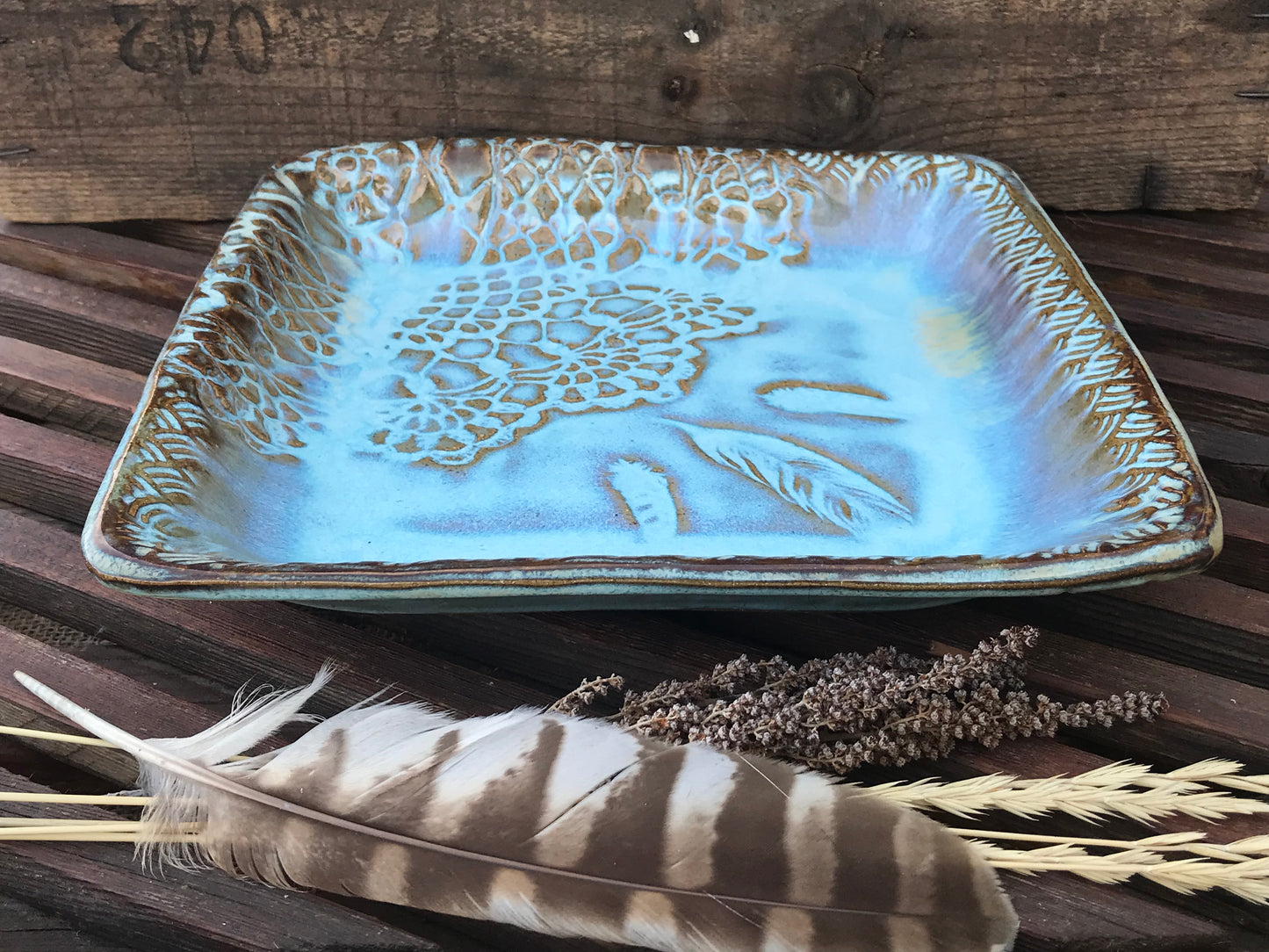 Rustic Square Wild Feathers & Doily Baking Tray/ Serving Tray ~ 10” Square ~ 1.25” Depth~ Turquoise & Brown