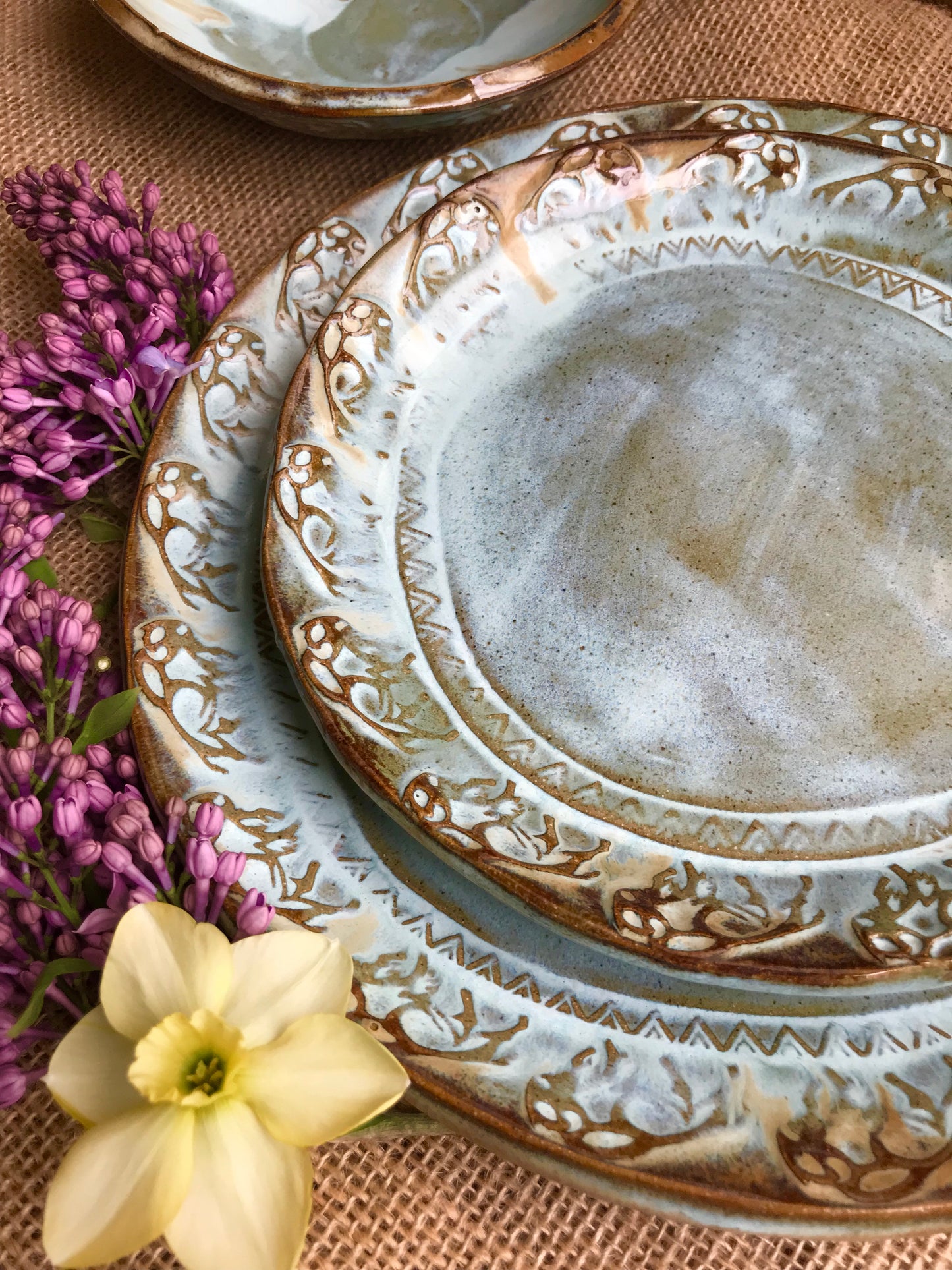 Rustic Wild Buffalo Dinnerware Set ~ Turquoise & Original Brown Edging