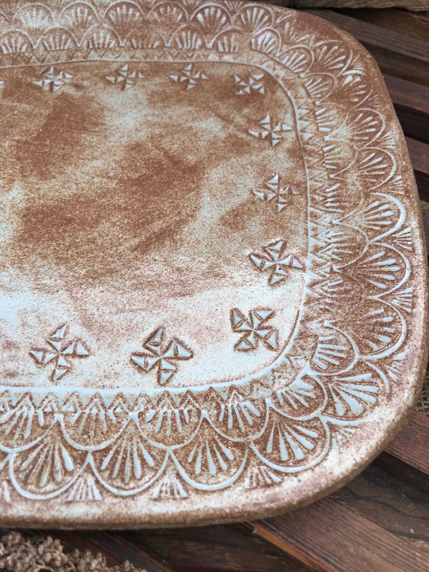 Rustic Basketweave Square Dinner Plate ~ 9” ~ Dusty Blue & Brown Glaze