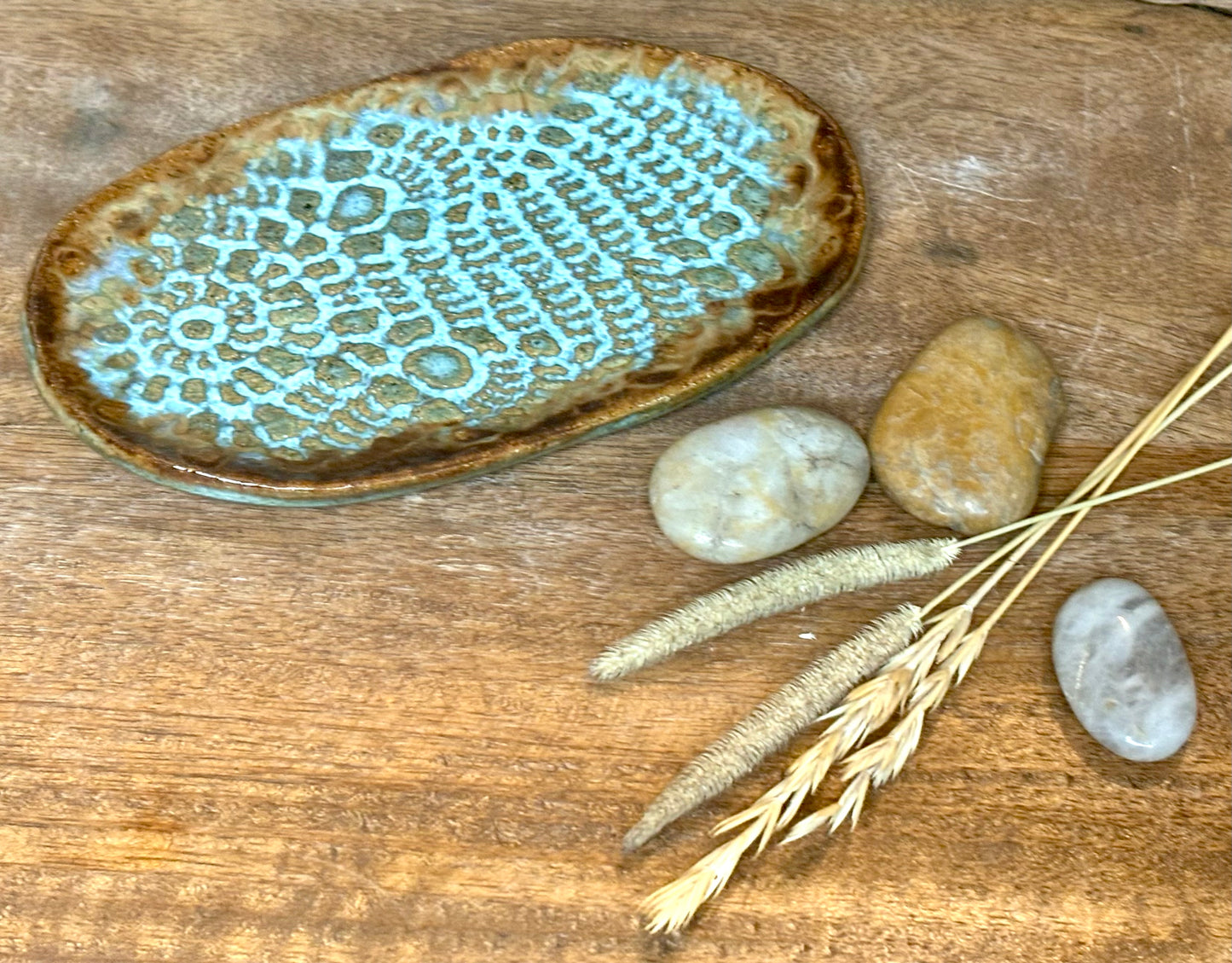 Rustic Antique Doily Soap Holder in Turquoise and Brown