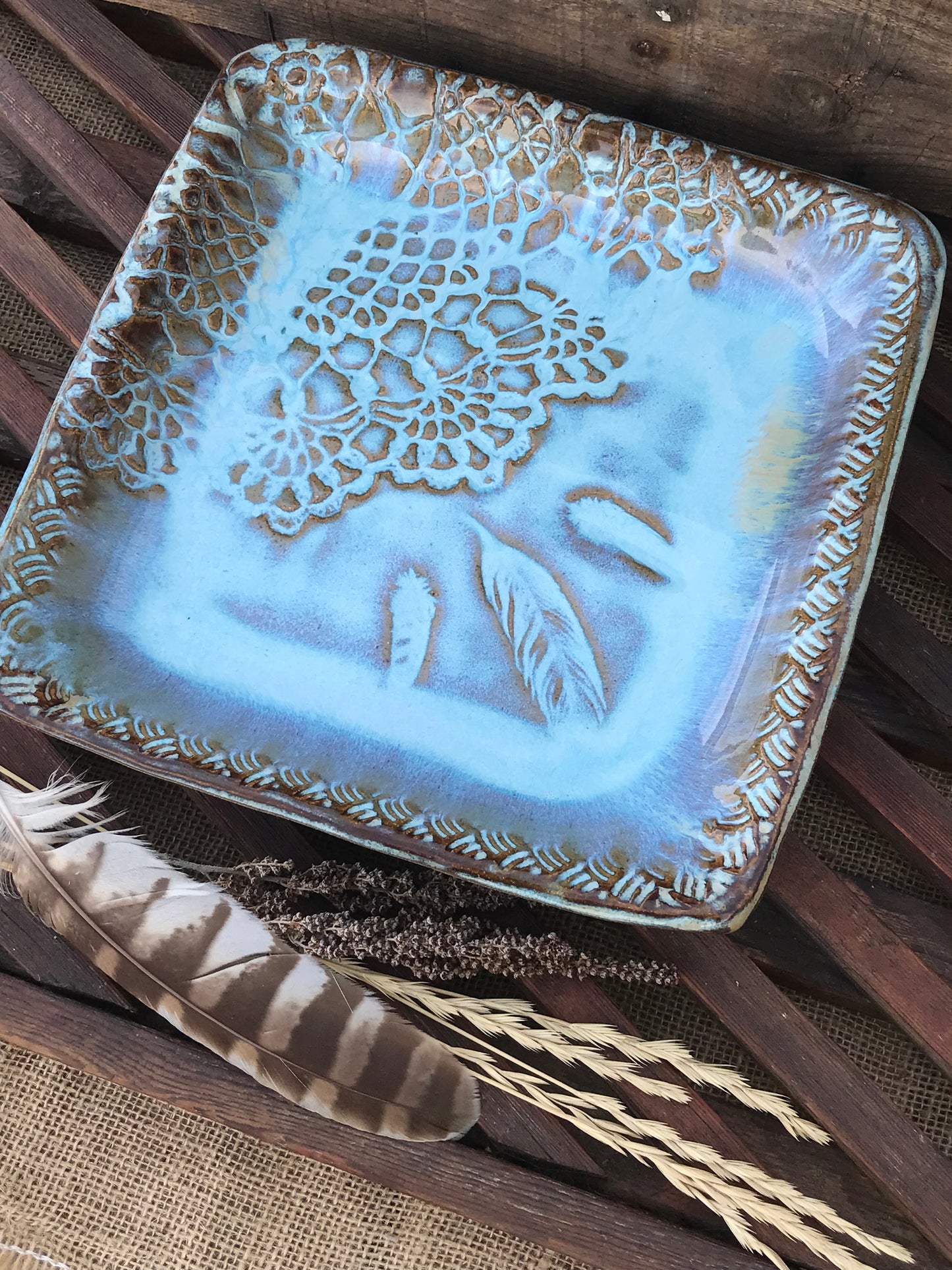 Rustic Square Wild Feathers & Doily Baking Tray/ Serving Tray ~ 10” Square ~ 1.25” Depth~ Turquoise & Brown