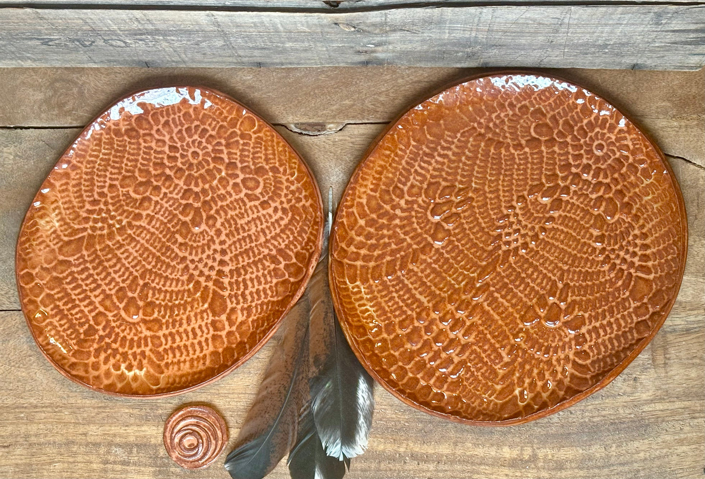 Set of 2 ~ Rustic Antique Doily Serving Platters ~ Sedona Red ~ Appetizers & Cheese