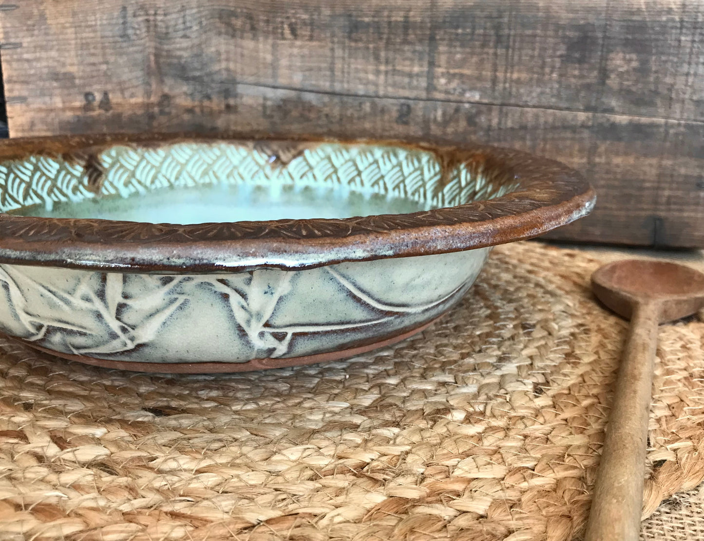 Rustic Native Mandala Serving & Baking Bowl ~ 12” Diameter ~ 2.5” Depth~ Turquoise & Brown & Birch