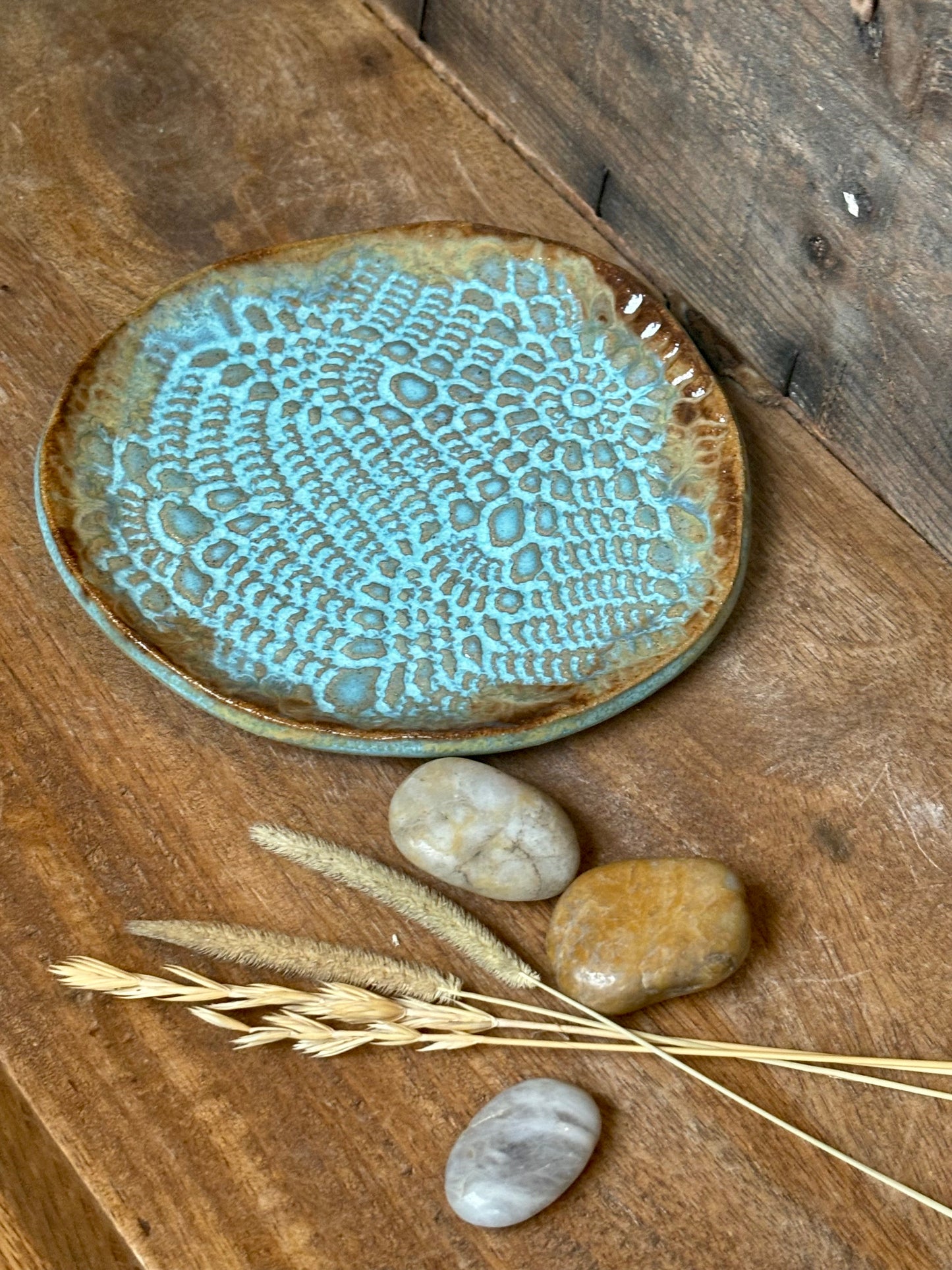 Rustic Antique Doily Soap Holder in Turquoise and Brown