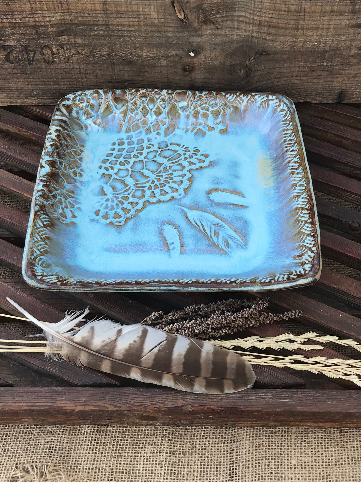 Rustic Square Wild Feathers & Doily Baking Tray/ Serving Tray ~ 10” Square ~ 1.25” Depth~ Turquoise & Brown