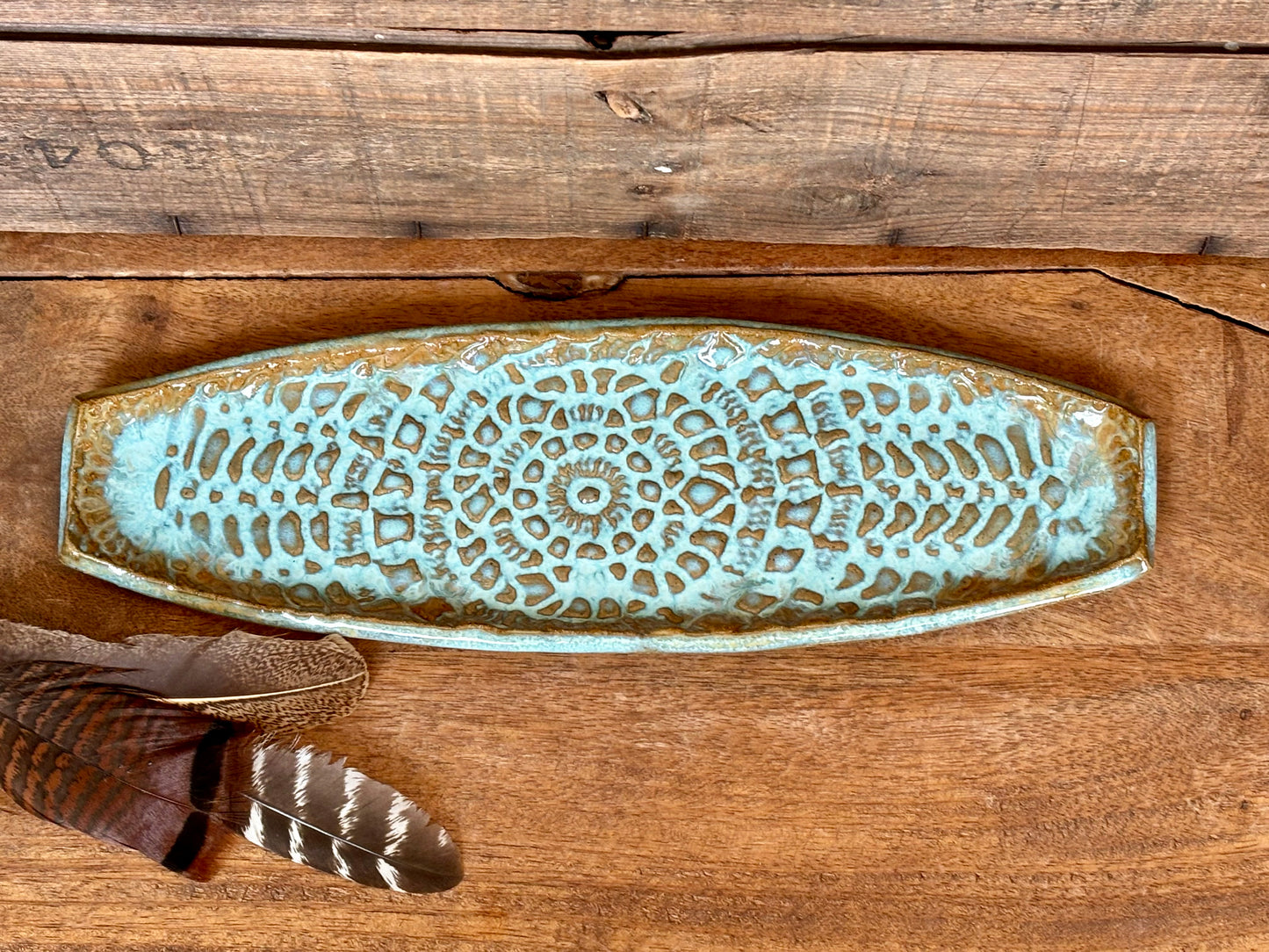 Rustic Antique Doily Serving Platter ~ Turquoise and Brown ~ Appetizers & Cheese