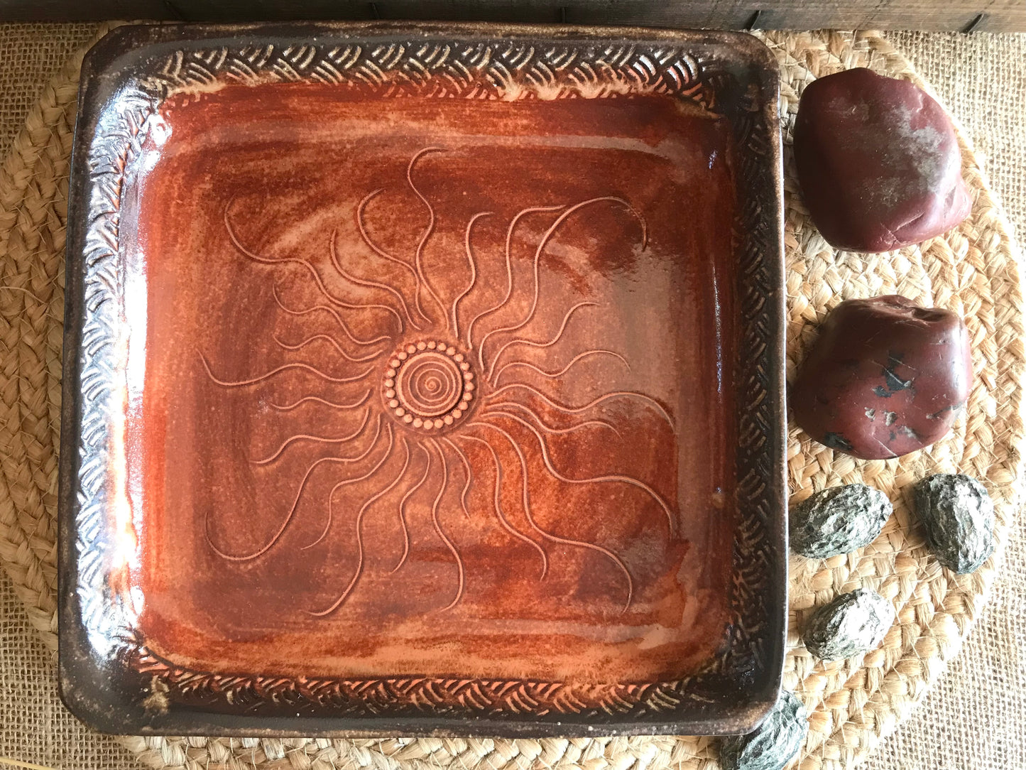 Rustic Square Sun & Basketweave Meat Tray/ Serving Tray ~ 9.5” Square ~ 1.25” Depth~ Sedona Red & Brown