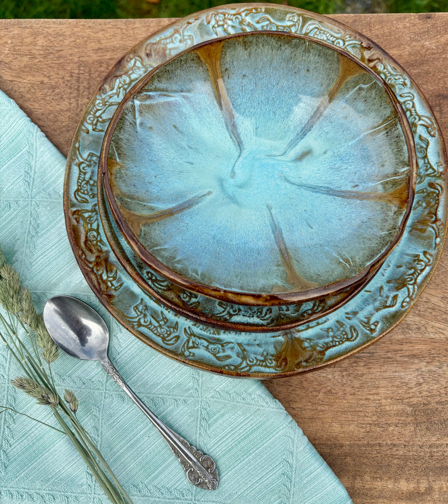 Rustic Wild Mustang Dinnerware Set ~ Turquoise & Brown