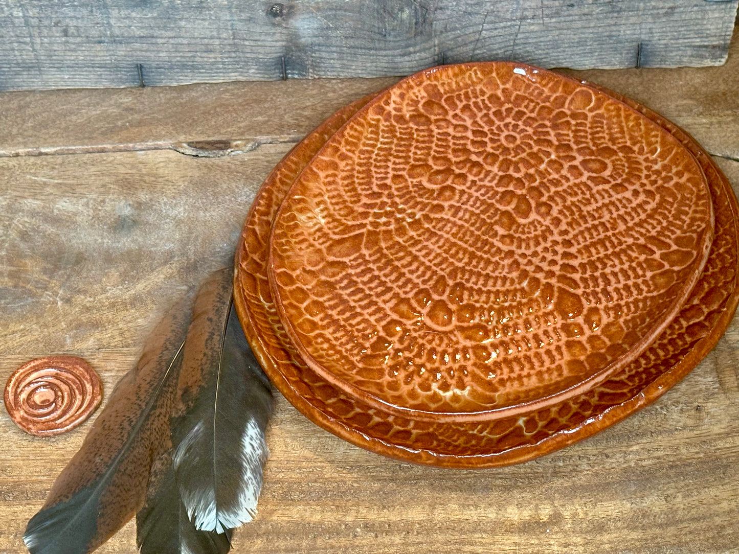 Set of 2 ~ Rustic Antique Doily Serving Platters ~ Sedona Red ~ Appetizers & Cheese
