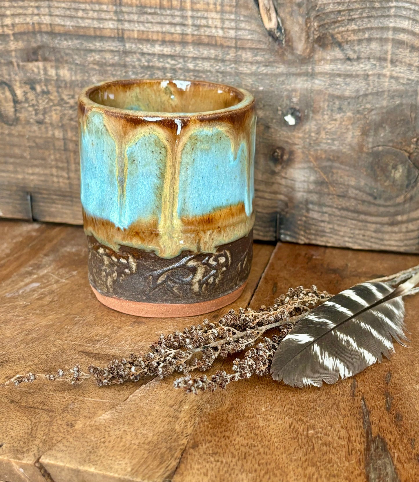 Wild Buffalo Shortie Tumbler ~ 8 oz~ Turquoise & Brown Glaze