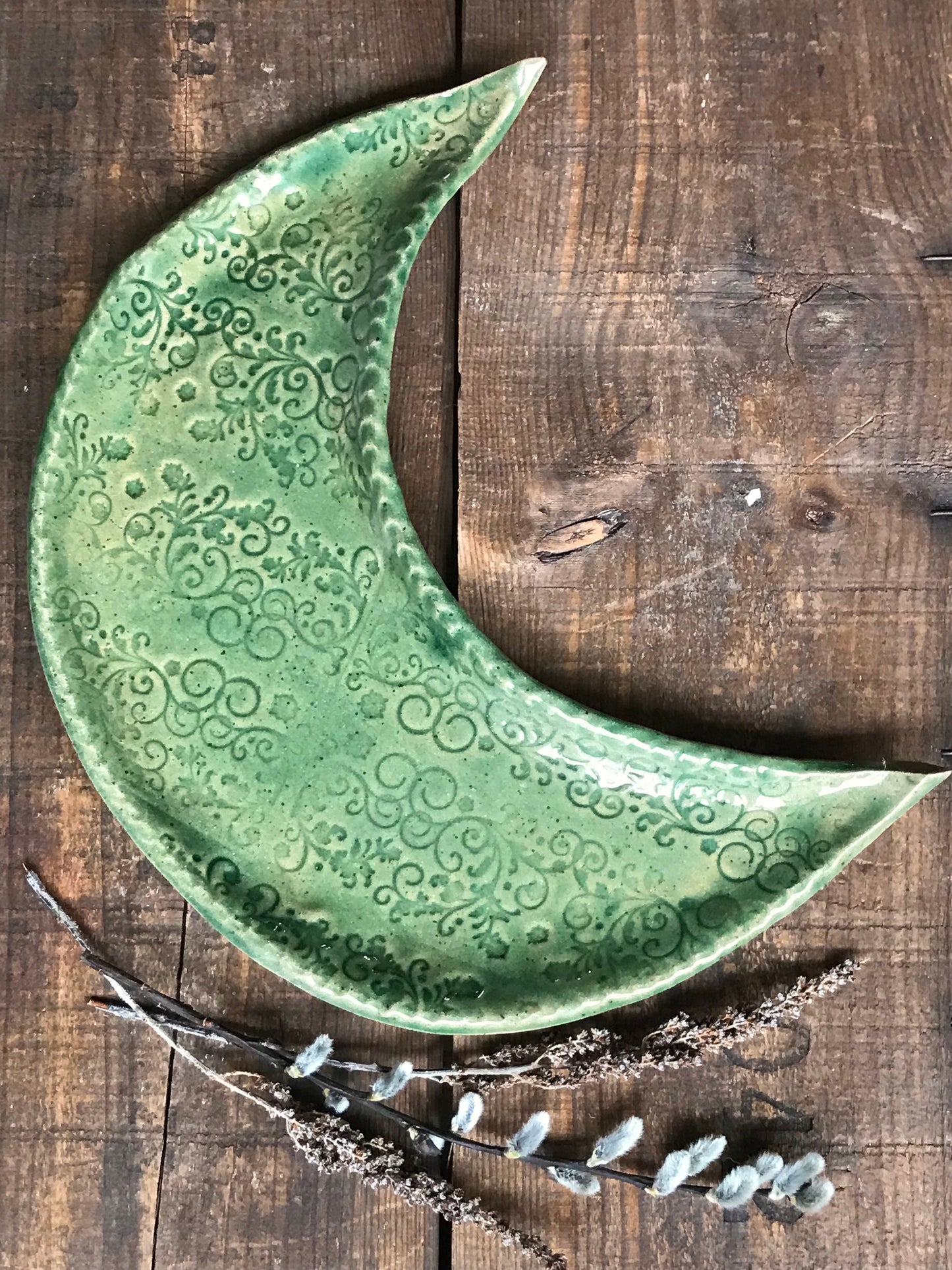 Rustic Quarter Moon Serving Platter ~ Spring Green ~ Appetizers & Cheese