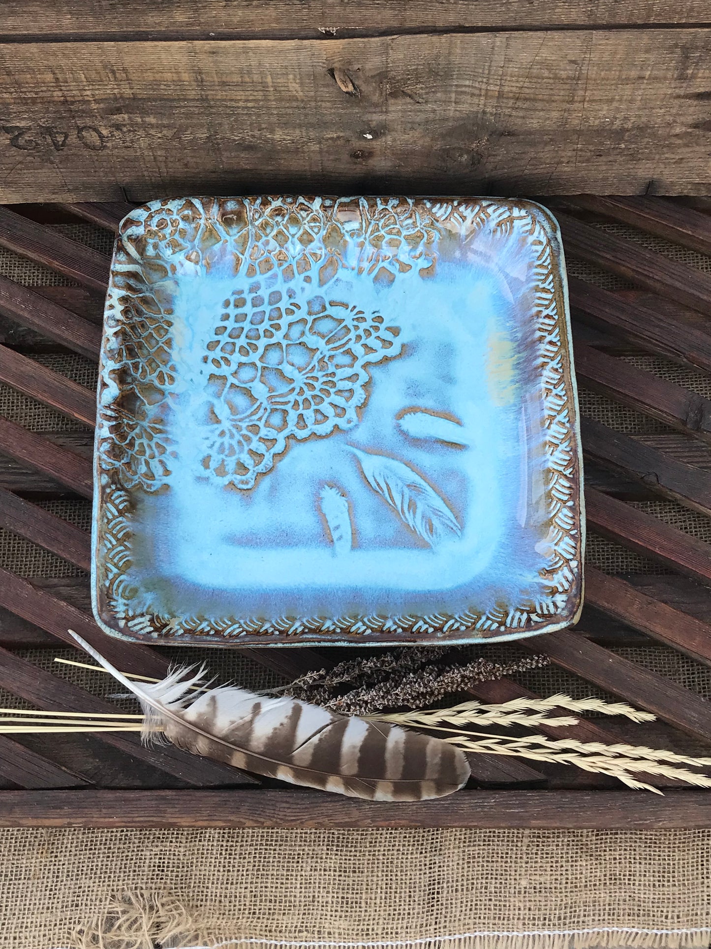 Rustic Square Wild Feathers & Doily Baking Tray/ Serving Tray ~ 10” Square ~ 1.25” Depth~ Turquoise & Brown
