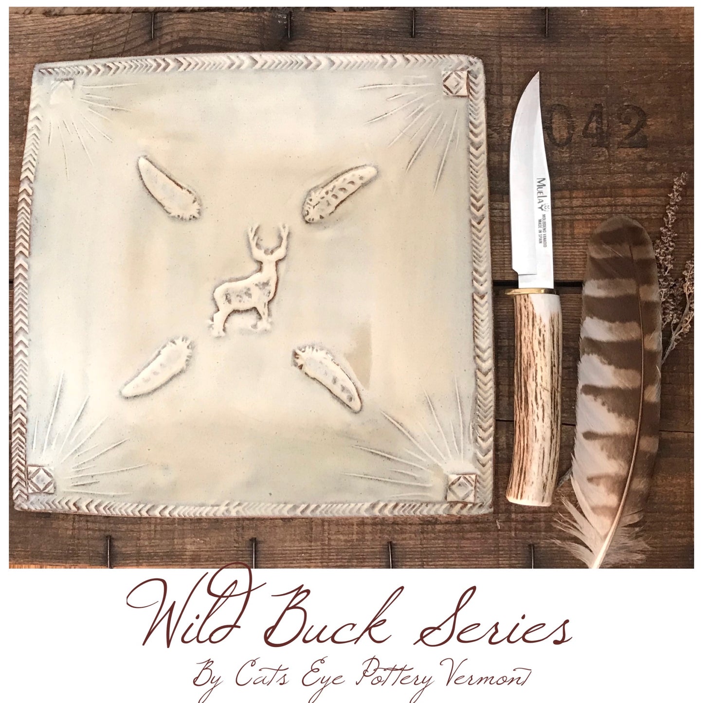Rustic Wild Buck Square Dinner Plate Platter ~ 10” ~ Birch Brown Glaze ~ Vermont Handmade Pottery
