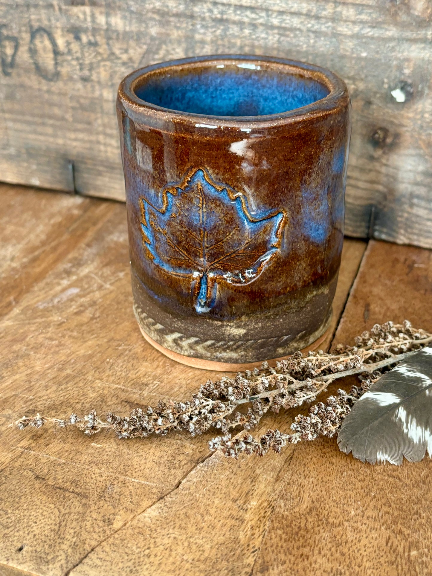 Rustic Vermont Strong Shortie Tumbler ~ 8 oz~ Midnight Blue & Brown Glaze