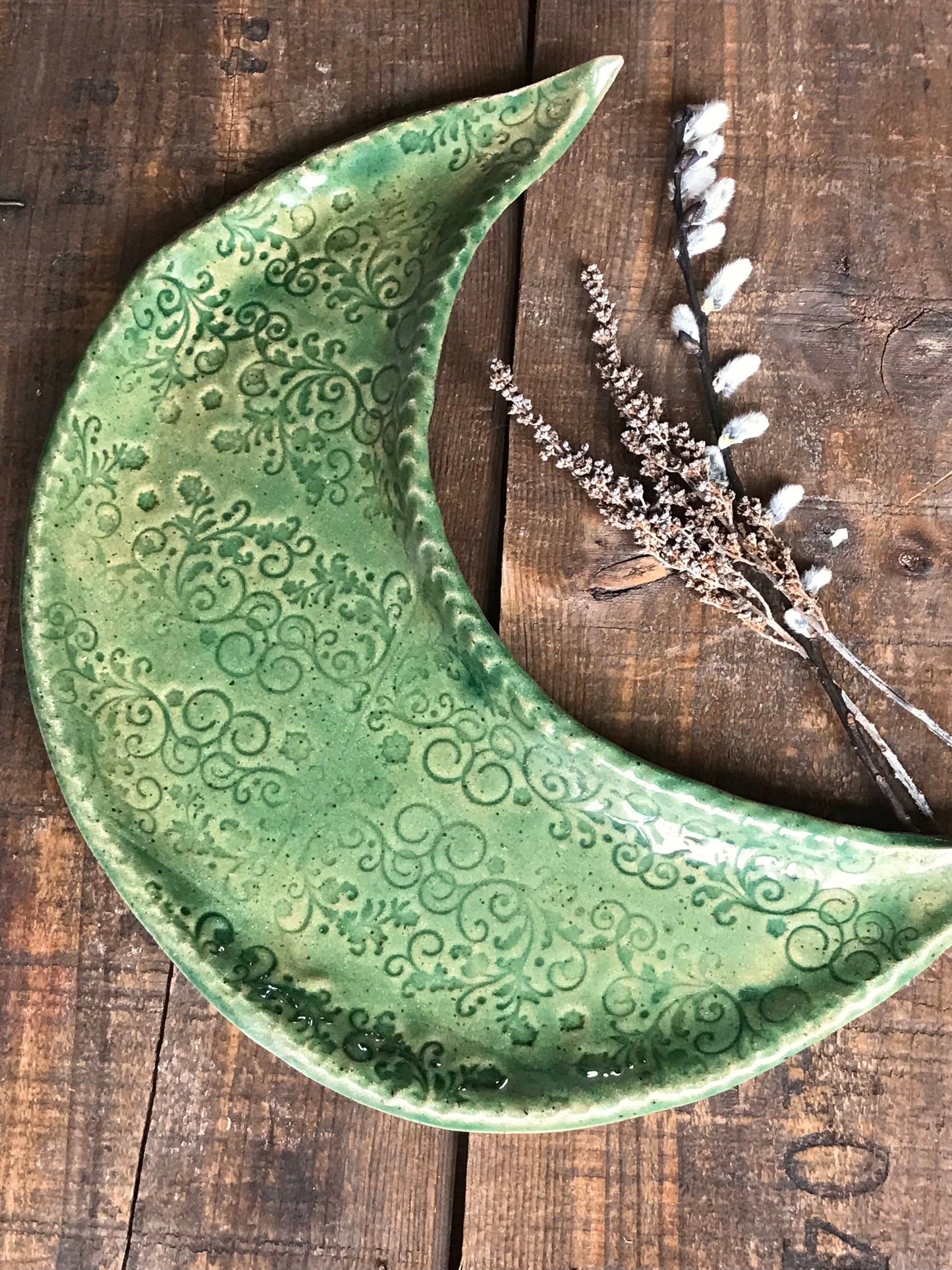Rustic Quarter Moon Serving Platter ~ Spring Green ~ Appetizers & Cheese