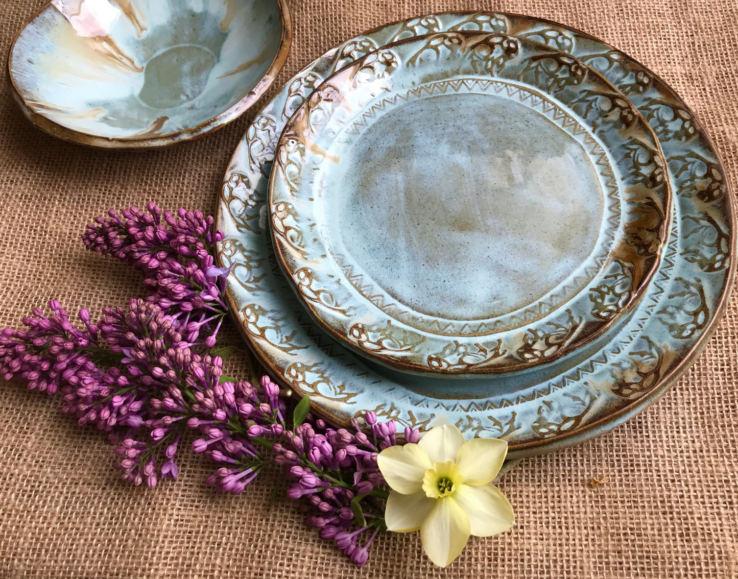 Rustic Wild Buffalo Dinnerware Set ~ Turquoise & Original Brown Edging