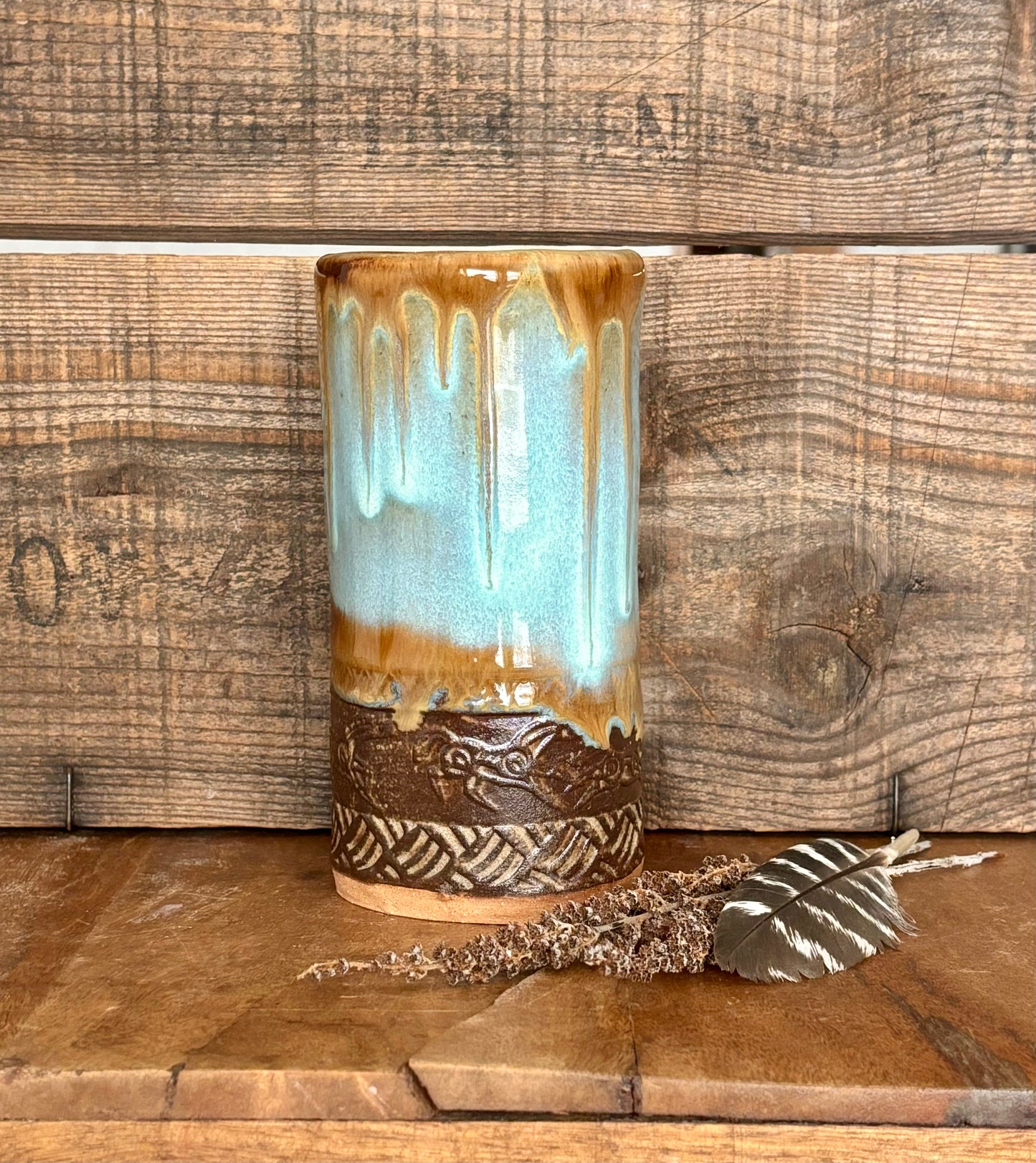 Wild Mustang Tall Boy Tumbler ~ 14 oz~ Turquoise & Brown Glaze