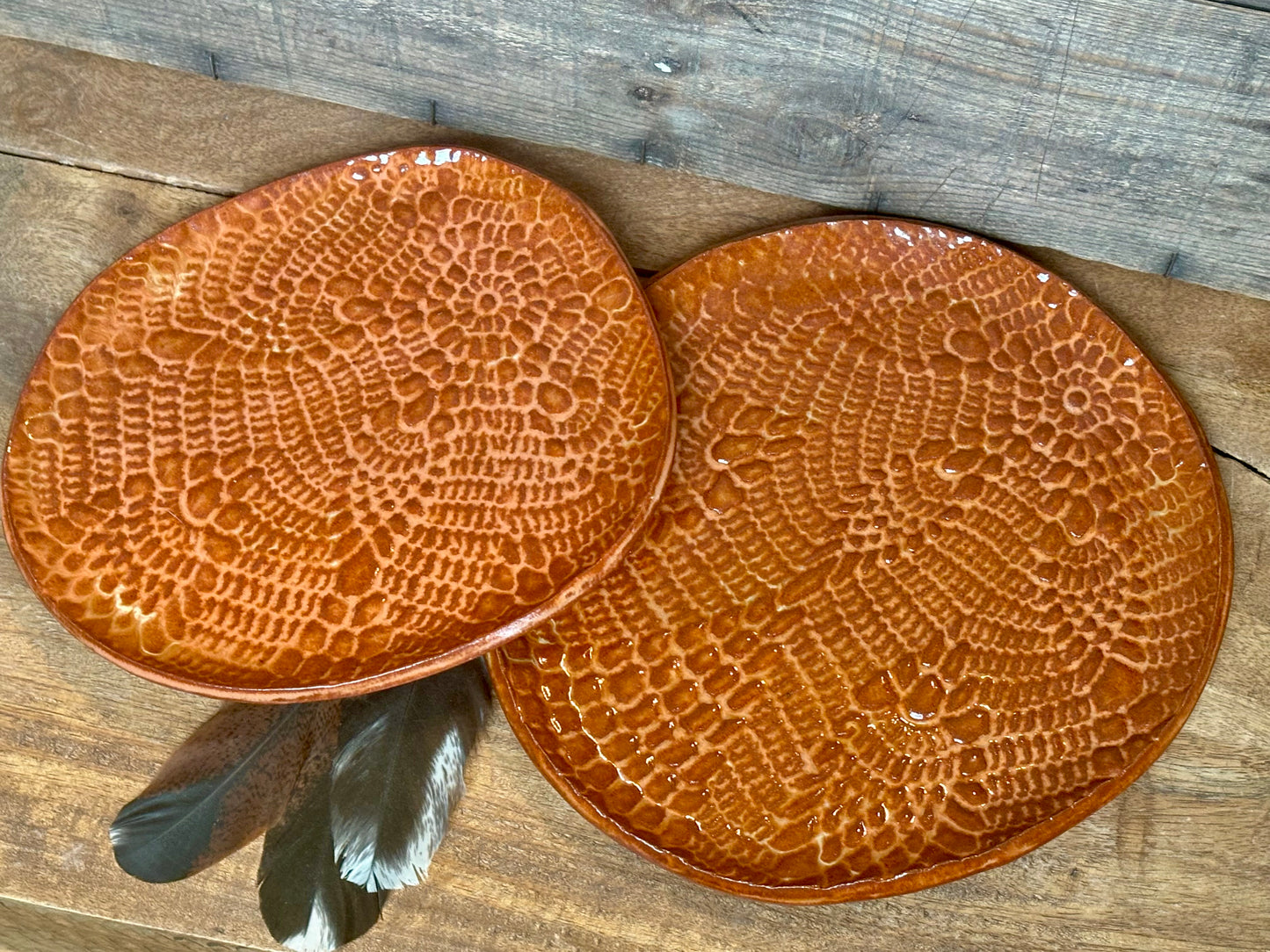 Set of 2 ~ Rustic Antique Doily Serving Platters ~ Sedona Red ~ Appetizers & Cheese