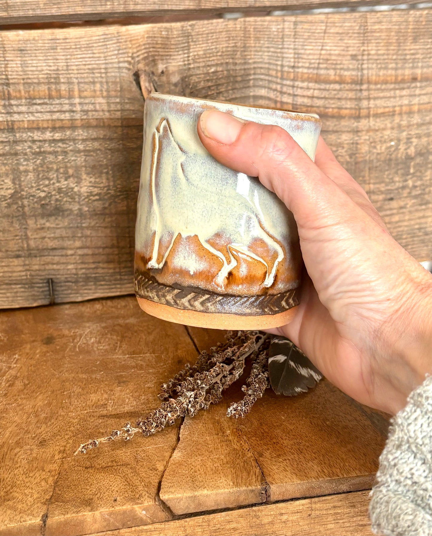 Wild Wolf Shortie Tumbler ~ 8 oz~ Birch & Brown Glaze