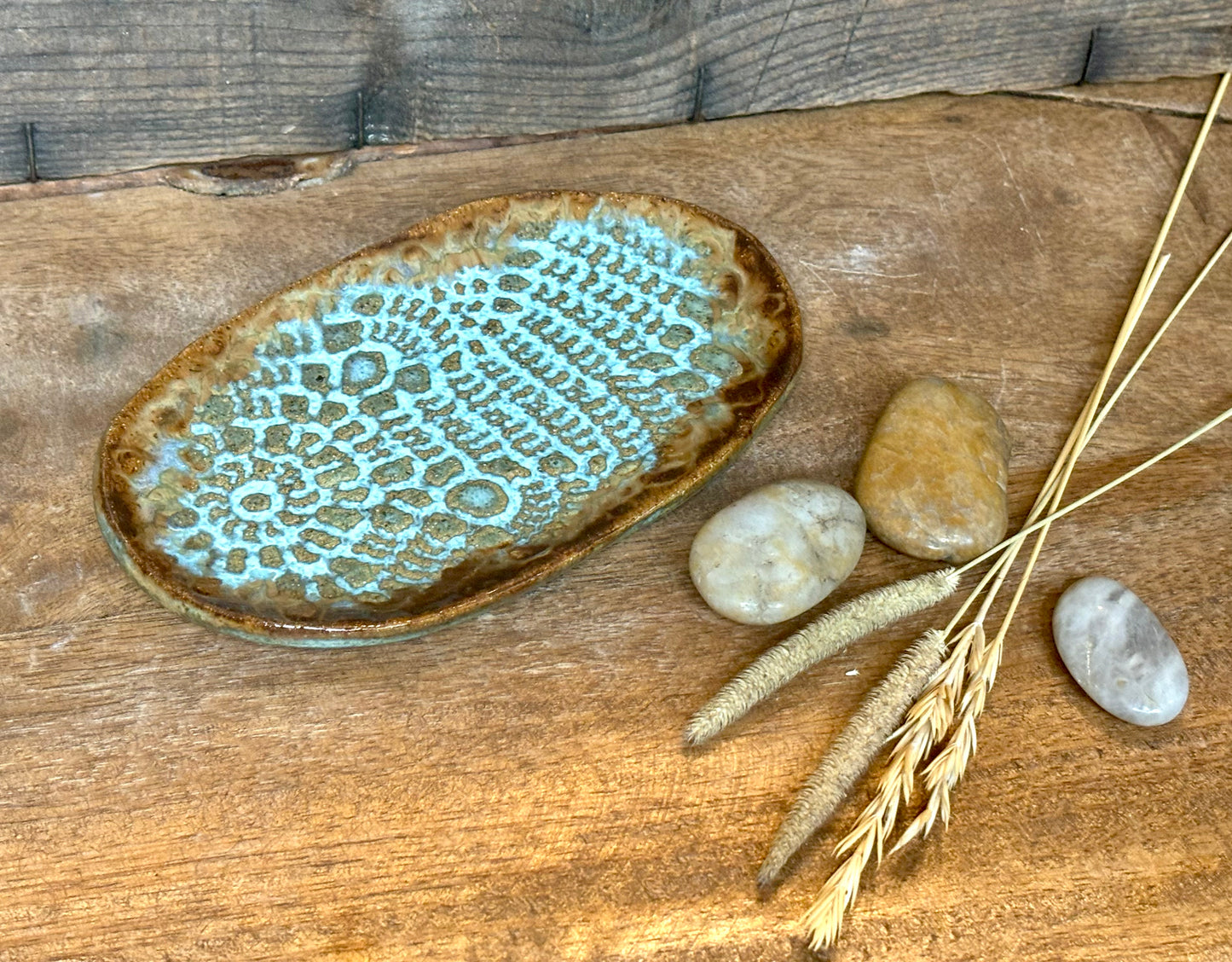 Rustic Antique Doily Soap Holder in Turquoise and Brown