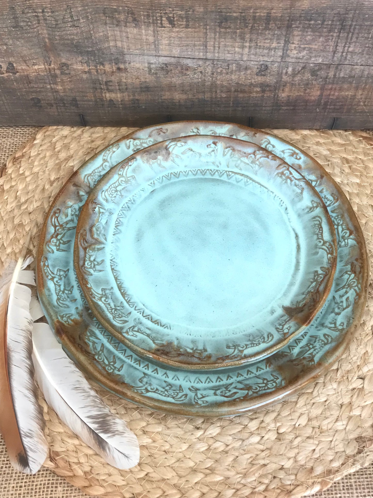 Rustic Wild Mustang Dinnerware Set ~ Turquoise & Brown Drips