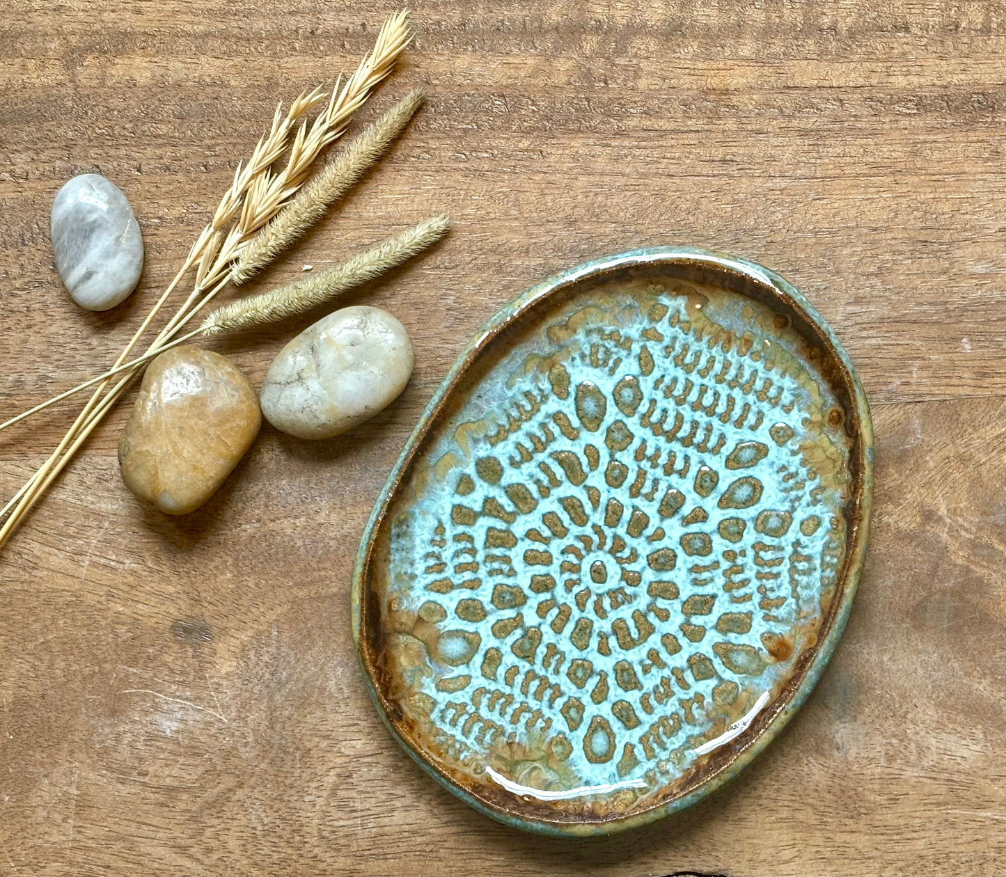 Rustic Antique Doily Soap Holder in Turquoise and Brown