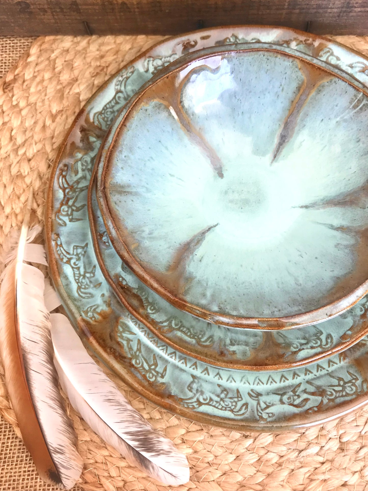 Rustic Wild Mustang Dinnerware Set ~ Turquoise & Brown Drips