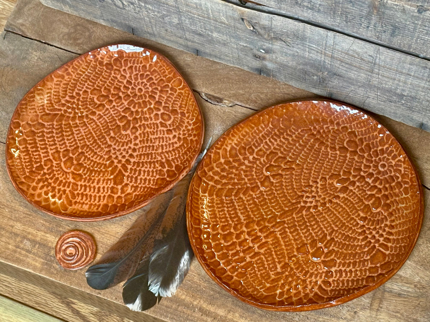 Set of 2 ~ Rustic Antique Doily Serving Platters ~ Sedona Red ~ Appetizers & Cheese