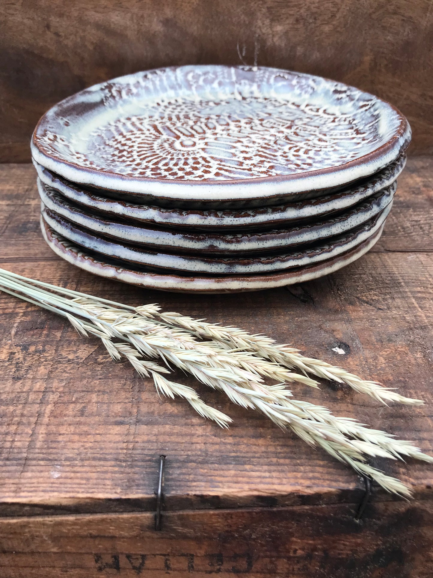 Rustic Antique Doily Lunch/Side Plate ~ 7” ~ Birch Brown Glaze