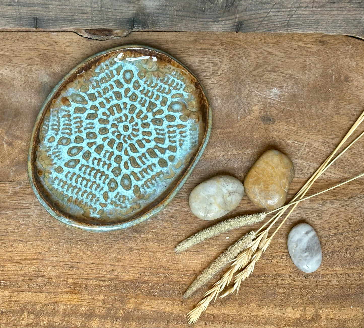 Rustic Antique Doily Soap Holder in Turquoise and Brown