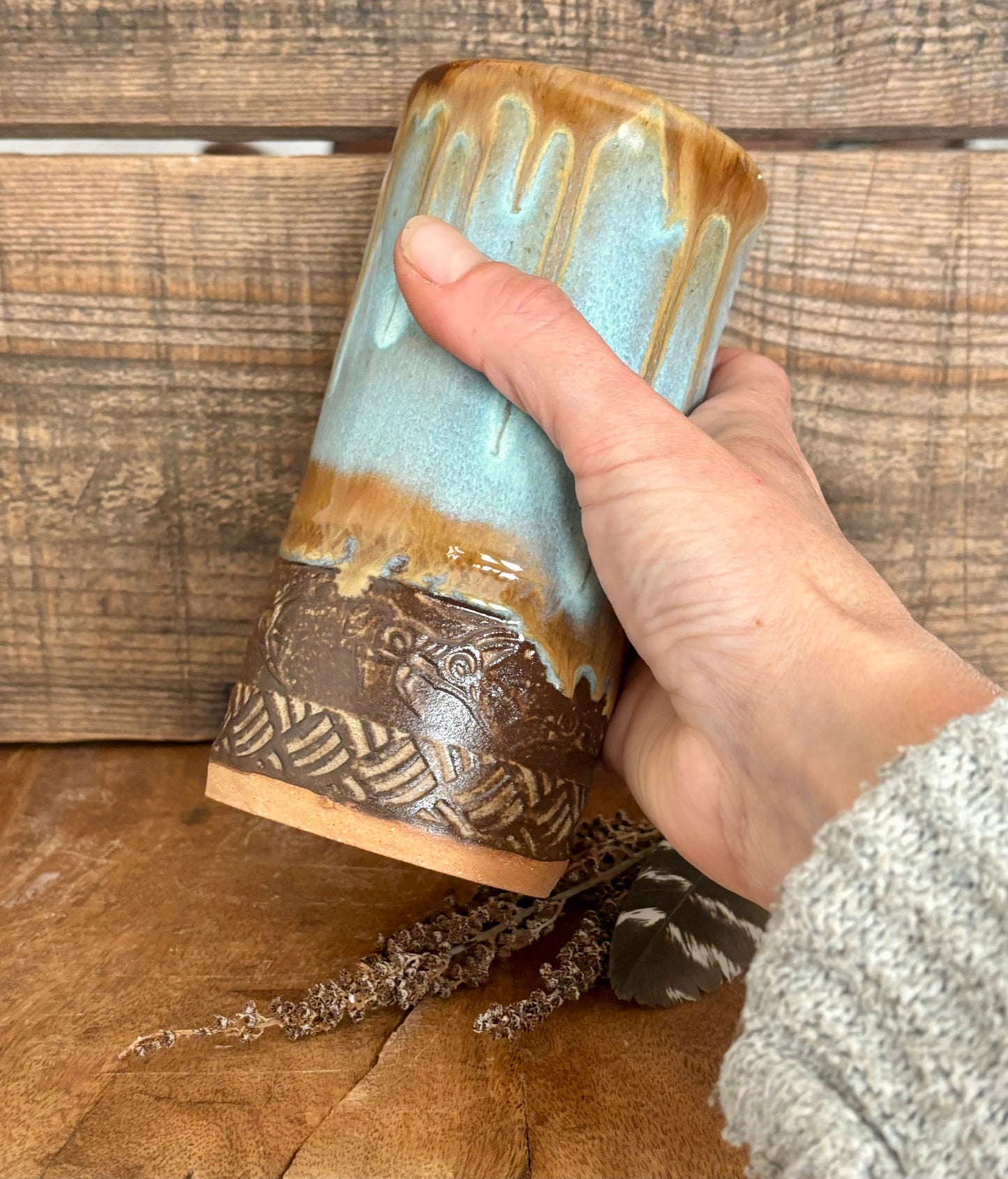 Wild Mustang Tall Boy Tumbler ~ 14 oz~ Turquoise & Brown Glaze