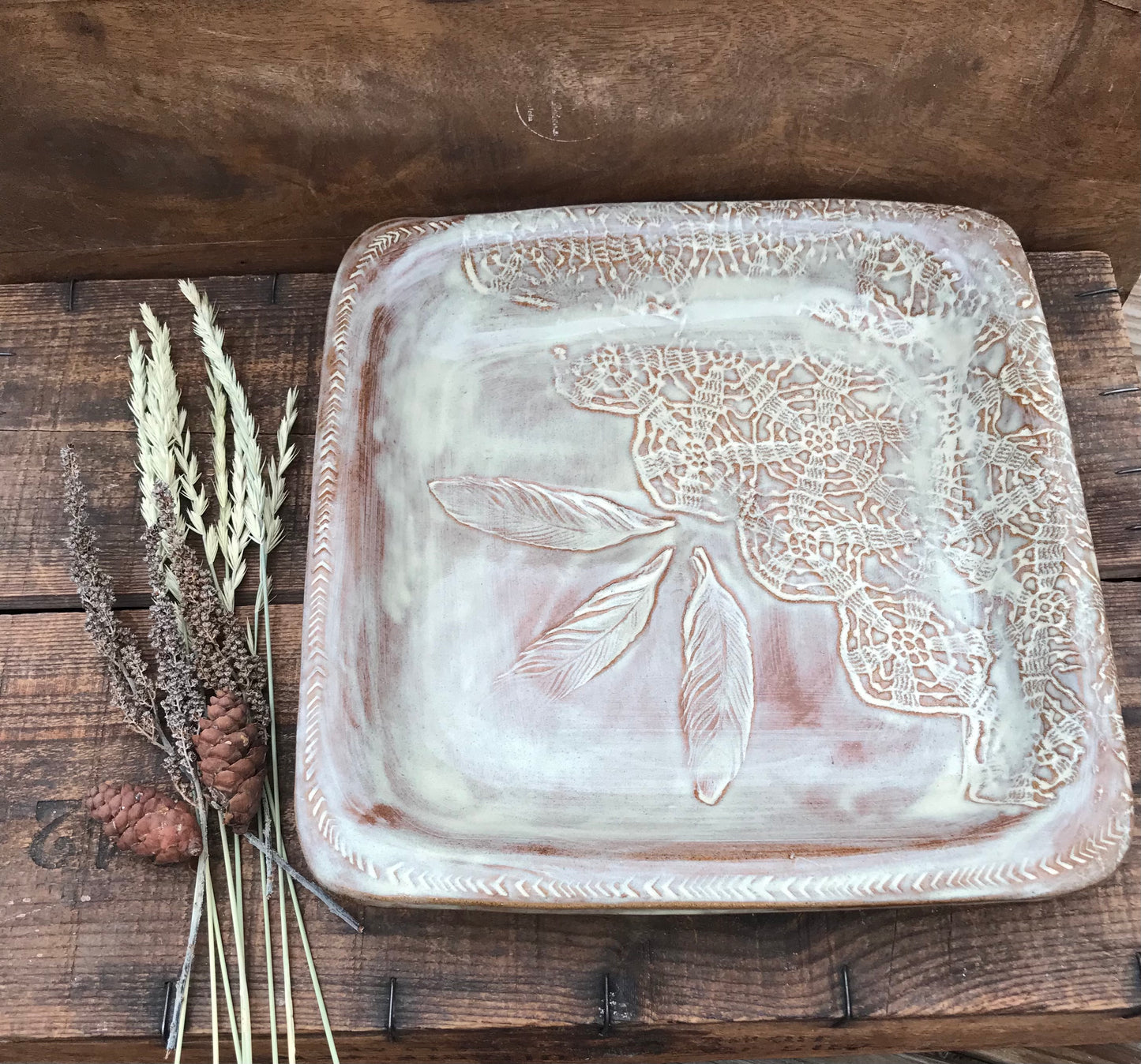 Rustic Square Wild Feathers & Doily Baking Tray/ Serving Tray ~ 10” Square ~ 1.25” Depth~ Birch & Brown