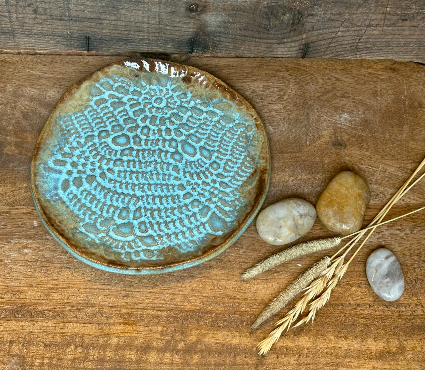 Rustic Antique Doily Soap Holder in Turquoise and Brown