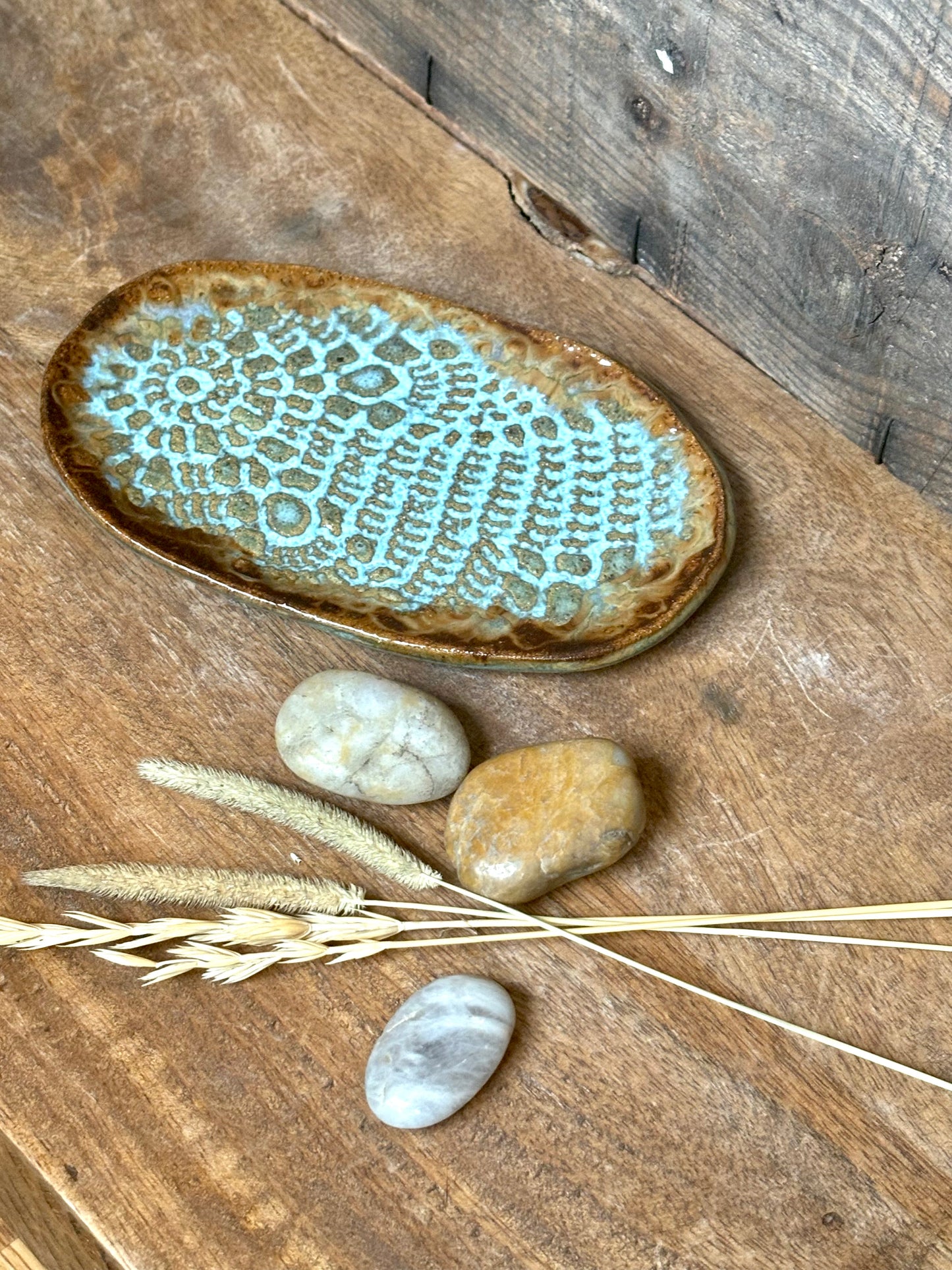 Rustic Antique Doily Soap Holder in Turquoise and Brown