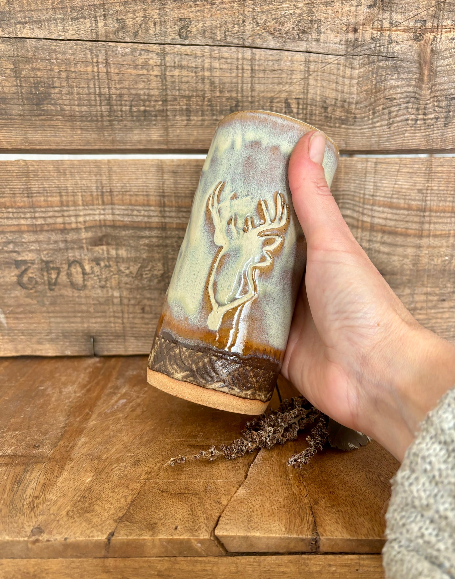 Wild Buck Tall Boy Tumbler ~ 14 oz~ Birch & Brown Glaze