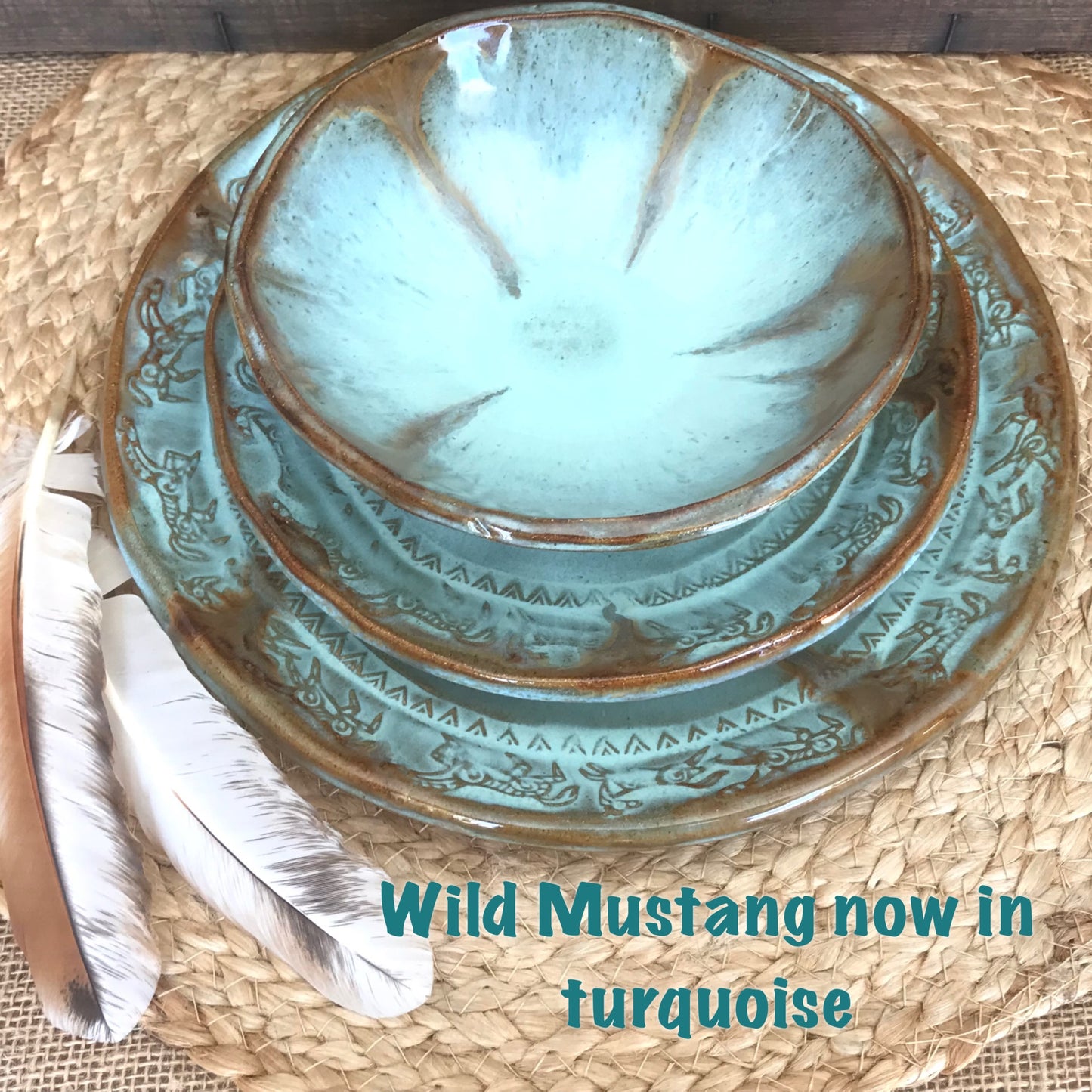 Rustic Wild Mustang Dinnerware Set ~ Turquoise & Brown Drips