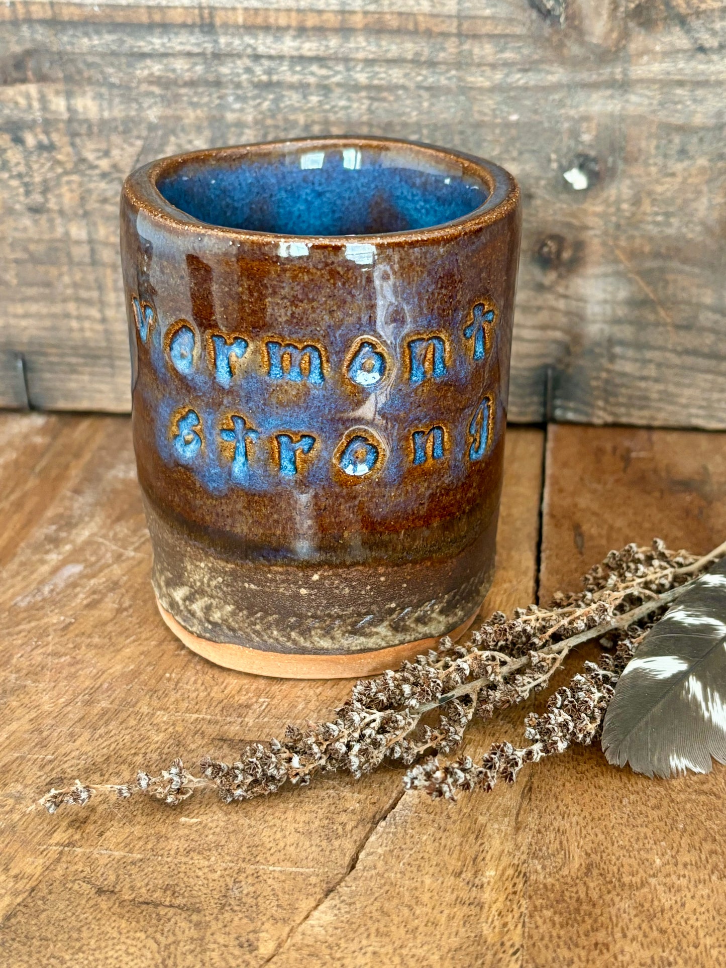 Rustic Vermont Strong Shortie Tumbler ~ 8 oz~ Midnight Blue & Brown Glaze