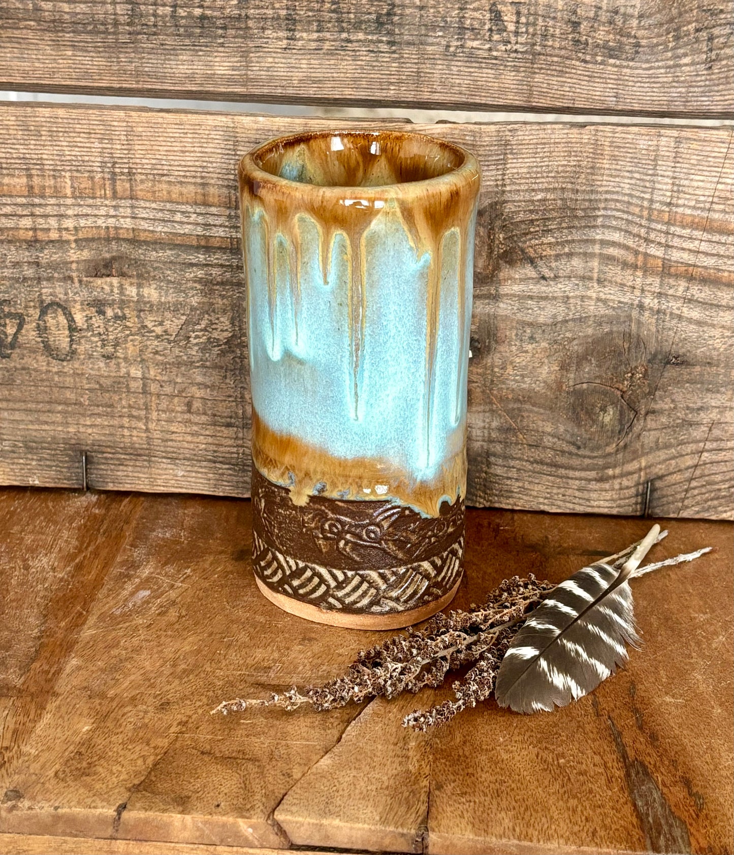 Wild Mustang Tall Boy Tumbler ~ 14 oz~ Turquoise & Brown Glaze