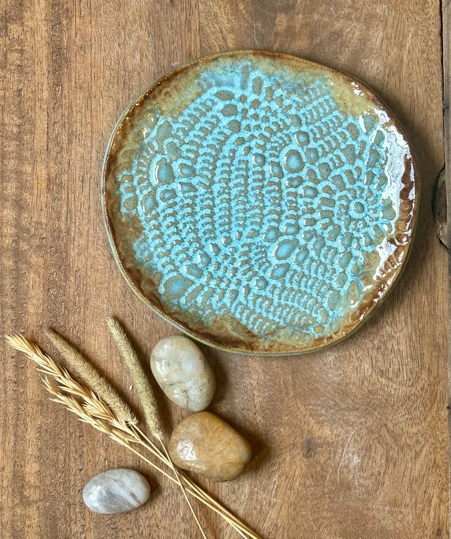 Rustic Antique Doily Soap Holder in Turquoise and Brown
