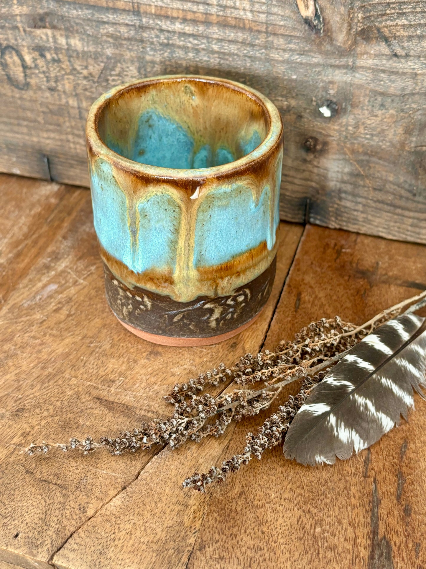Wild Buffalo Shortie Tumbler ~ 8 oz~ Turquoise & Brown Glaze