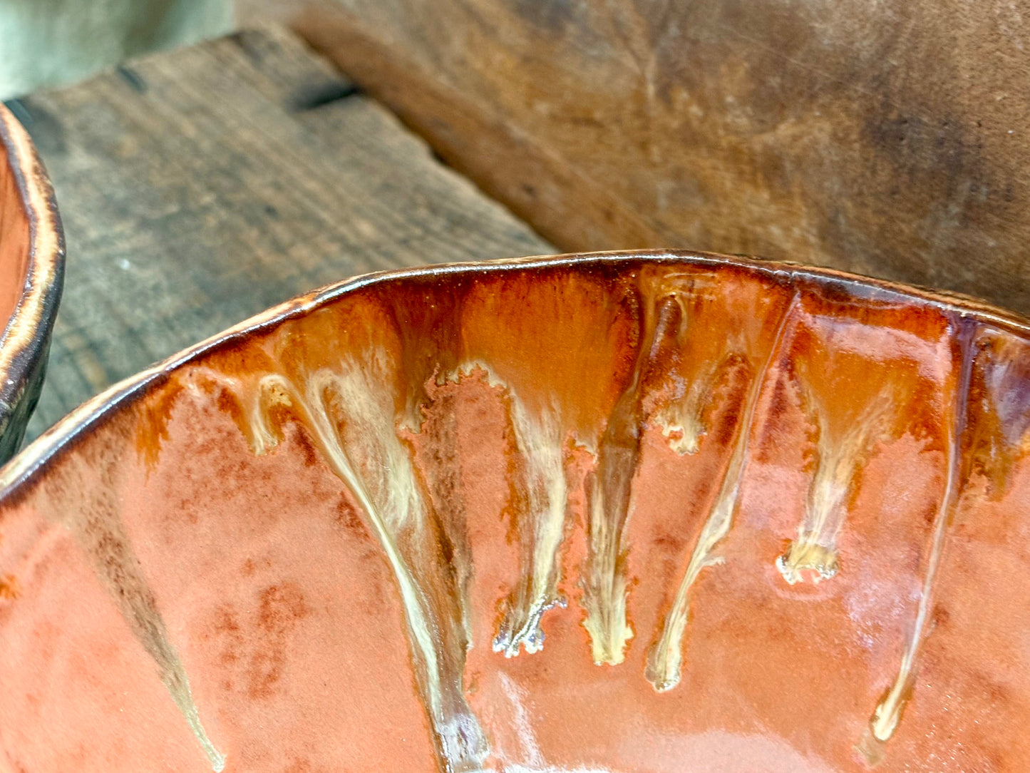 Set of 2 Rustic Wild Buffalo Soup & Salad Big Bowl ~ 6” Diameter ~ 2.5” Depth~ Coral, Gold & Brown