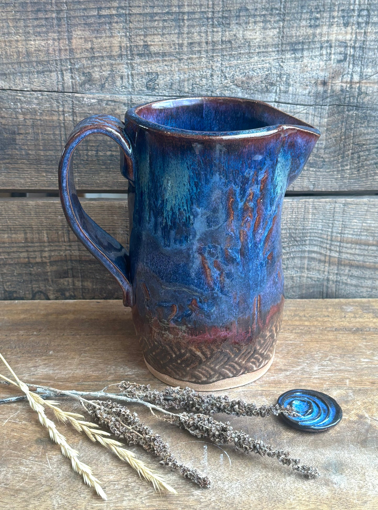 Rustic Wild Mustang Pitcher ~ 20 oz~ Blue & Brown Glaze