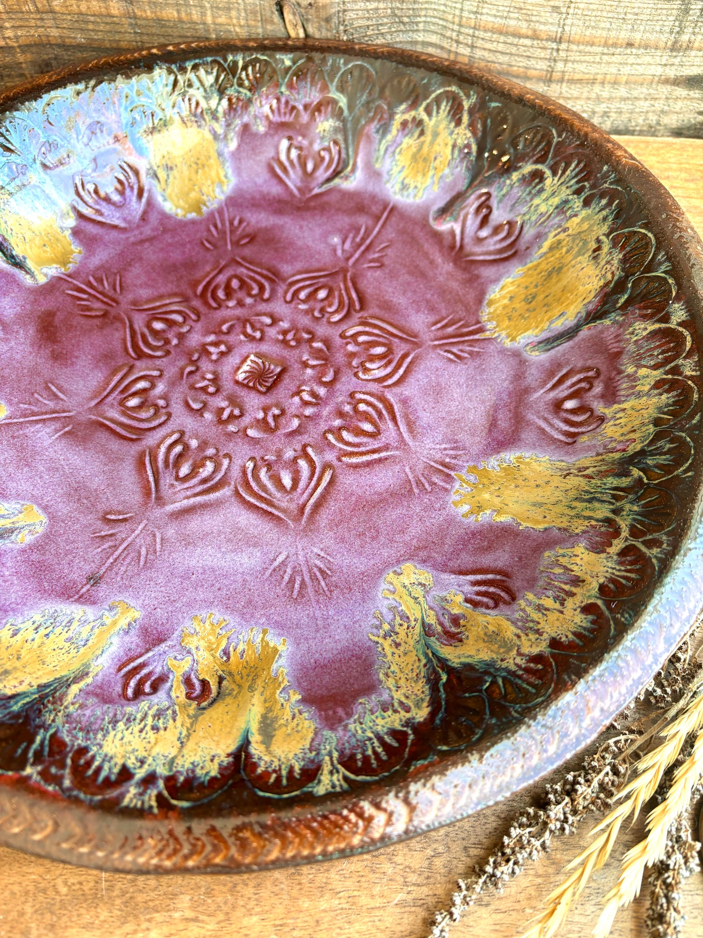 Rustic Native Mandala Serving Bowl ~ 12.5” Diameter ~ 2” Depth~ Merlot, Gold & Brown
